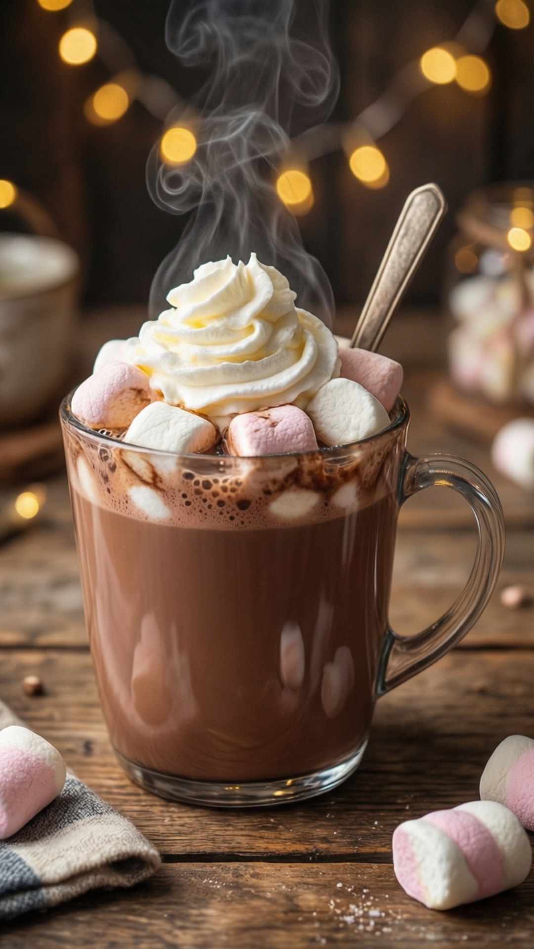Cozy Hot Chocolate 壁紙 — 一杯冒著熱氣的玻璃杯裝濃郁熱巧克力，上面有鮮奶油和粉白色棉花糖，放在鄉村風木桌上，背景有溫暖的仙女燈。