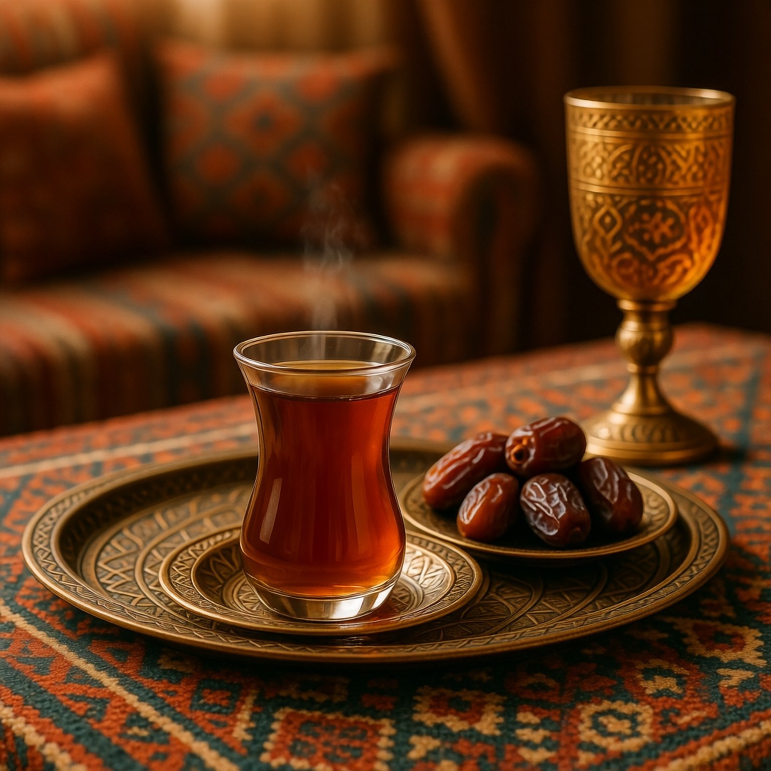 Iraqi Tea Tradition 壁紙 — 冒煙的琥珀色茶和椰棗放在華麗黃銅托盤上，置於圖案地毯上，旁邊有一個金色高腳杯。