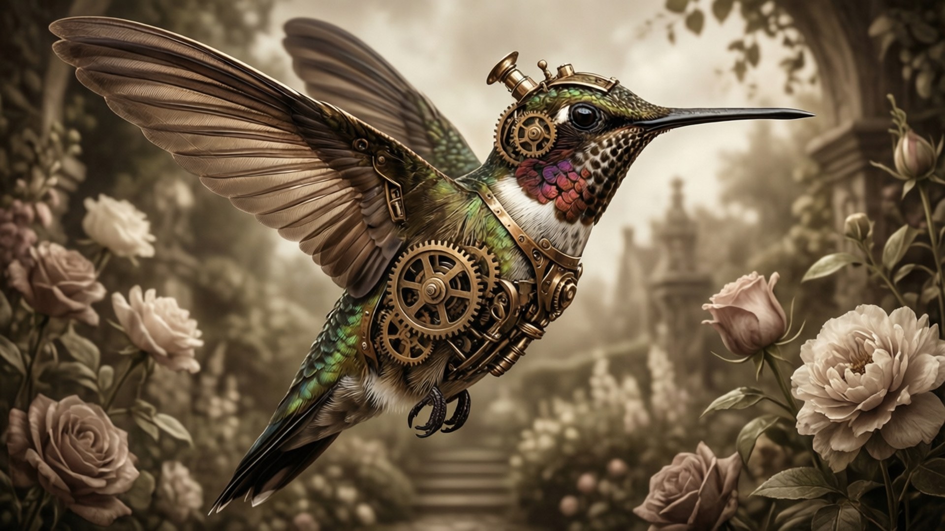 Mechanical Wings 壁紙 — 一隻帶有黃銅齒輪和管道的蒸氣龐克蜂鳥在復古花園中褪色的玫瑰之間盤旋。