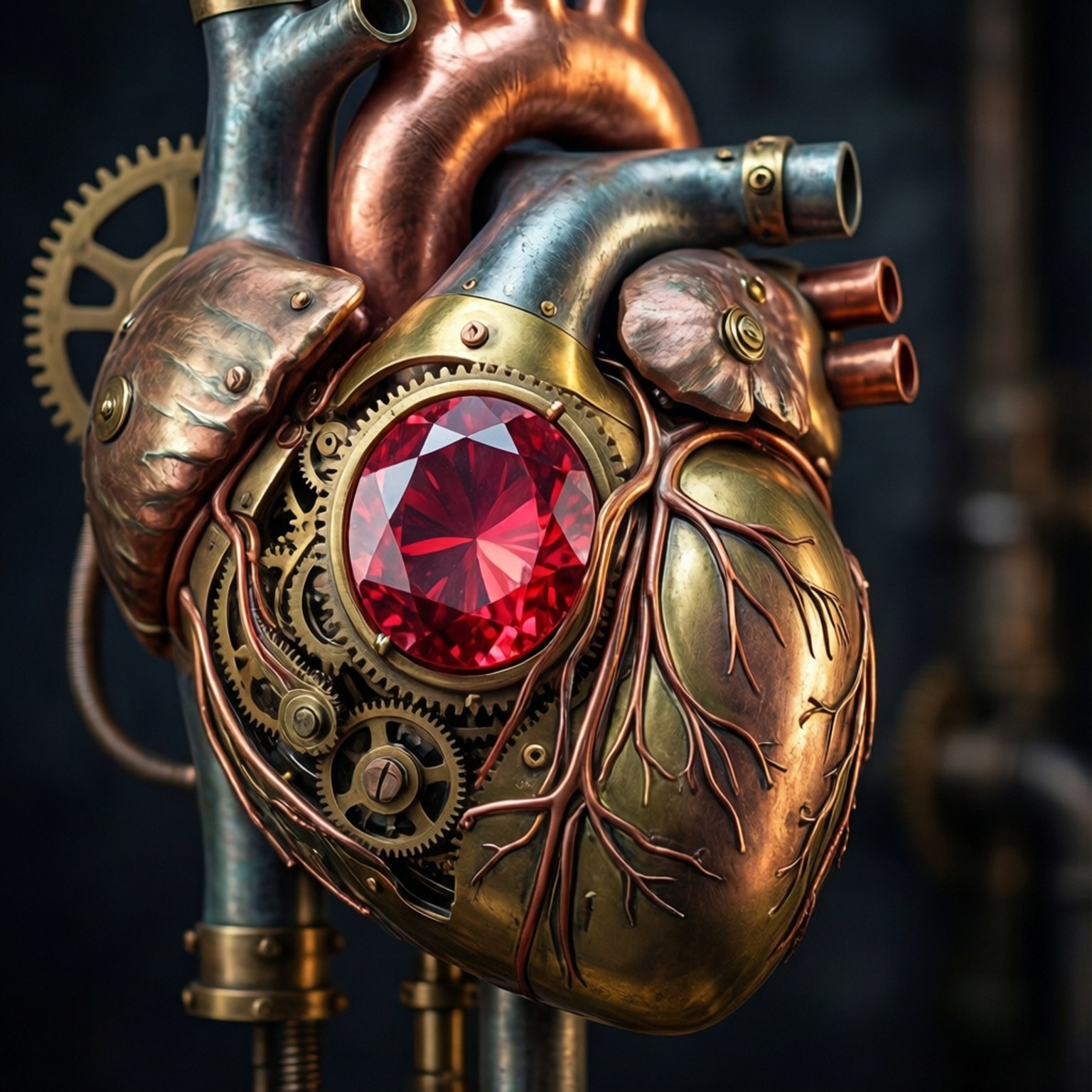 Mechanical Heart 壁紙 — 一個蒸氣龐克風格的心臟，帶有銅和黃銅齒輪，以及一個發光的紅色寶石核心，背景為深色。