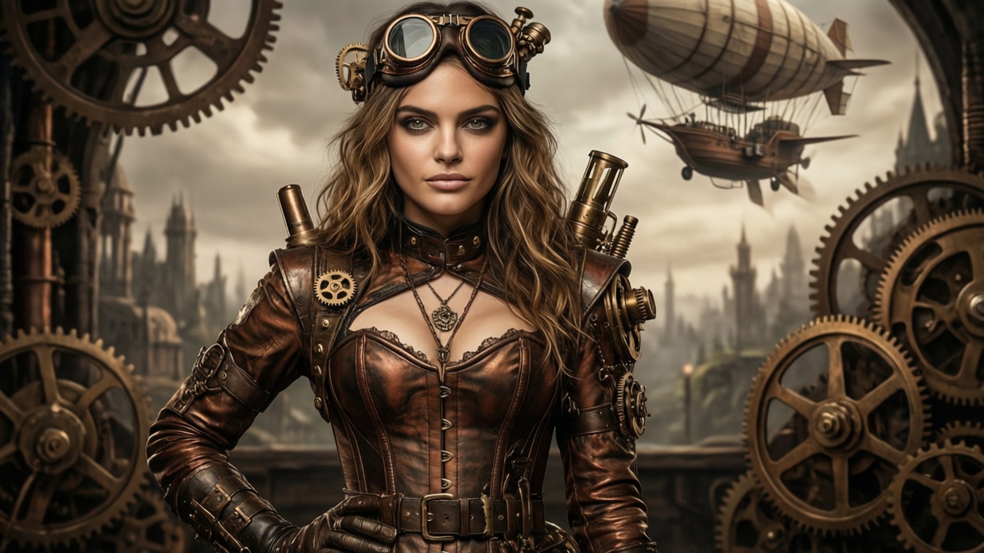 Steampunk Explorer 壁紙 — 一位身穿銅盔甲和護目鏡的蒸氣龐克女性站在巨型齒輪前，飛艇漂浮在哥德式城市上空。