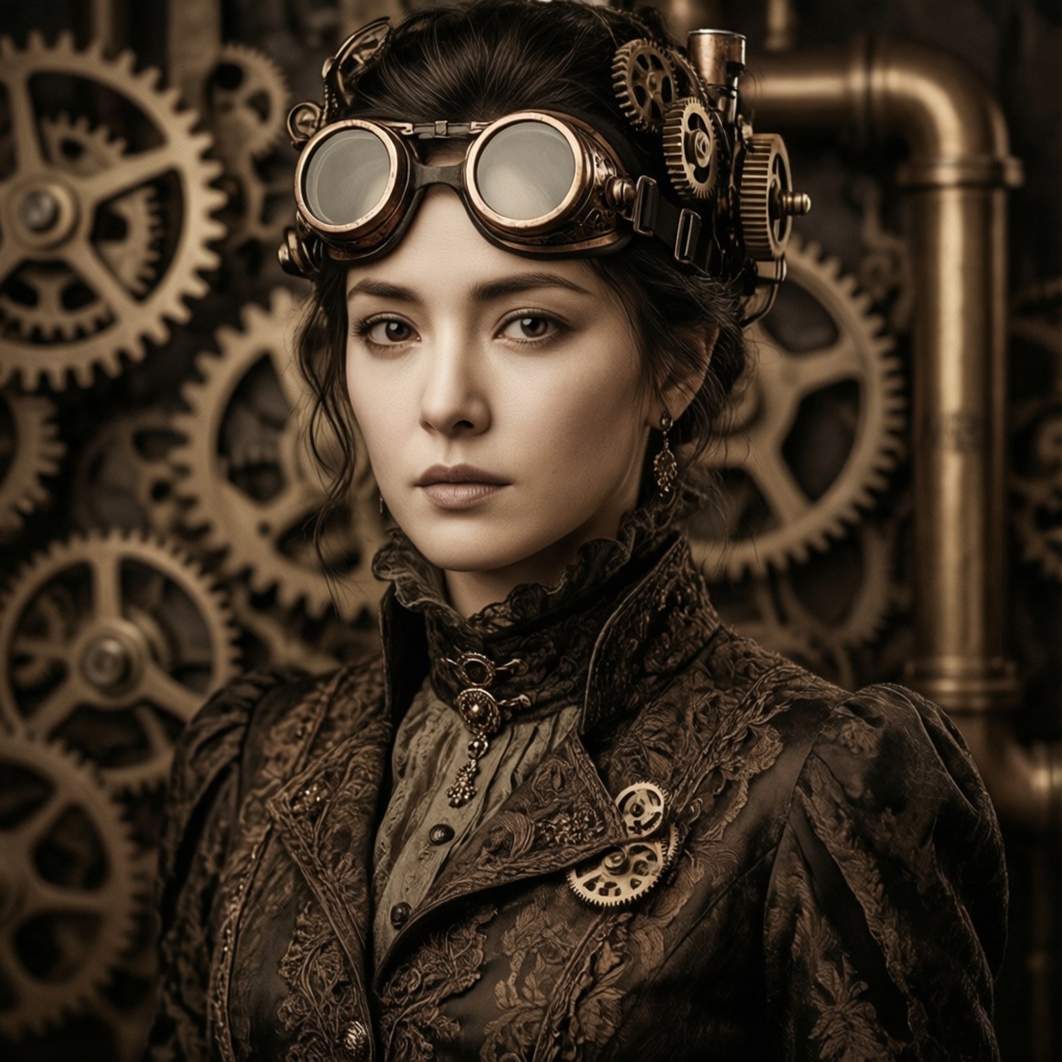 Kiernan Shipka 桌布 壁紙 — 一位蒸氣龐克女性，頭戴護目鏡，身上裝飾著齒輪，背景是黃銅機械。