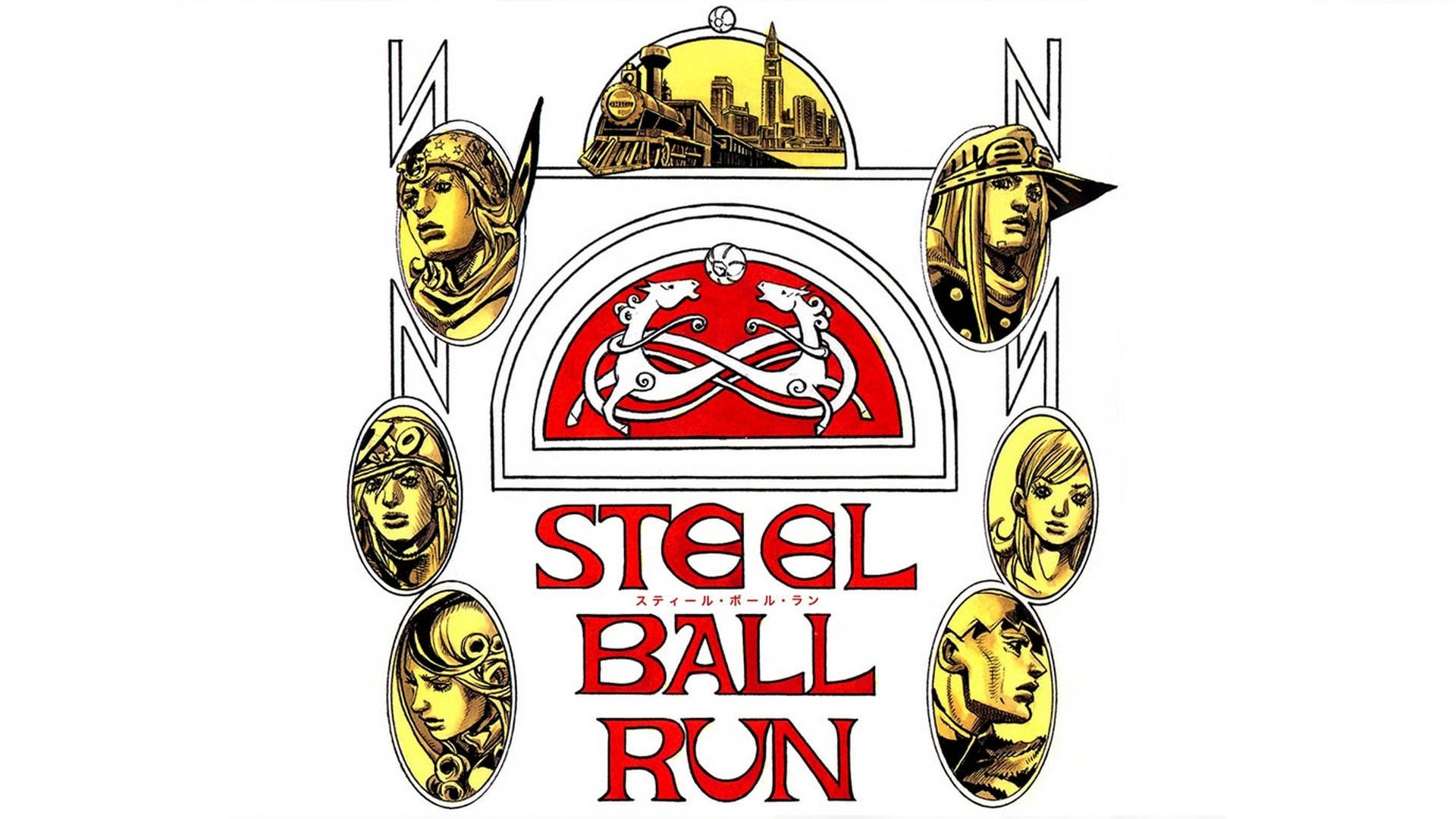 Johnny Joestar 桌布 壁紙 — Steel Ball Run 的風格化標誌，中央紅色標誌周圍有六個插圖角色肖像，兩匹白馬交織在一起，上方有城市天際線圓頂。