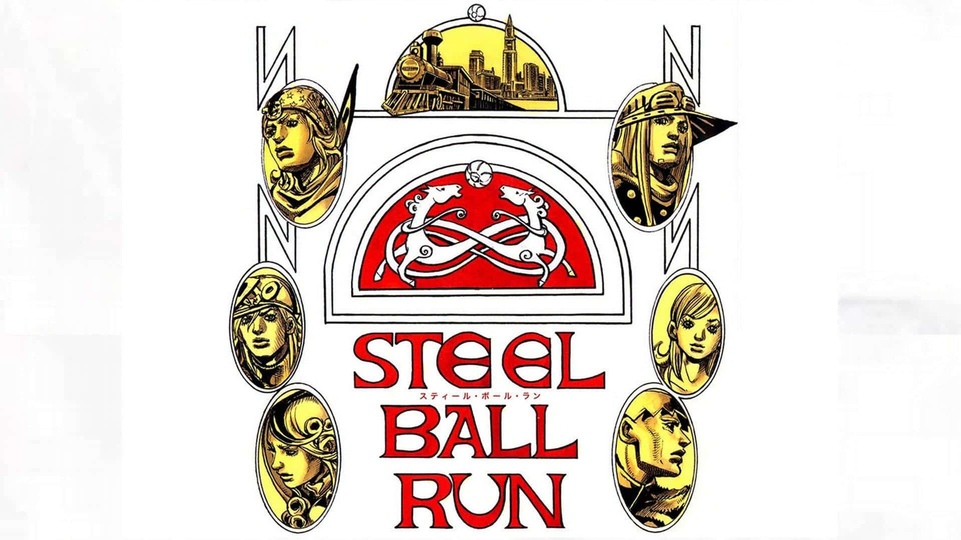 Jojo Steel Ball Run 桌布 壁紙 — Steel Ball Run 的大膽動漫風格標誌，六個金色肖像環繞著一個紅色徽章，徽章上有兩匹纏繞的白馬，上方是城市天際線圓頂。