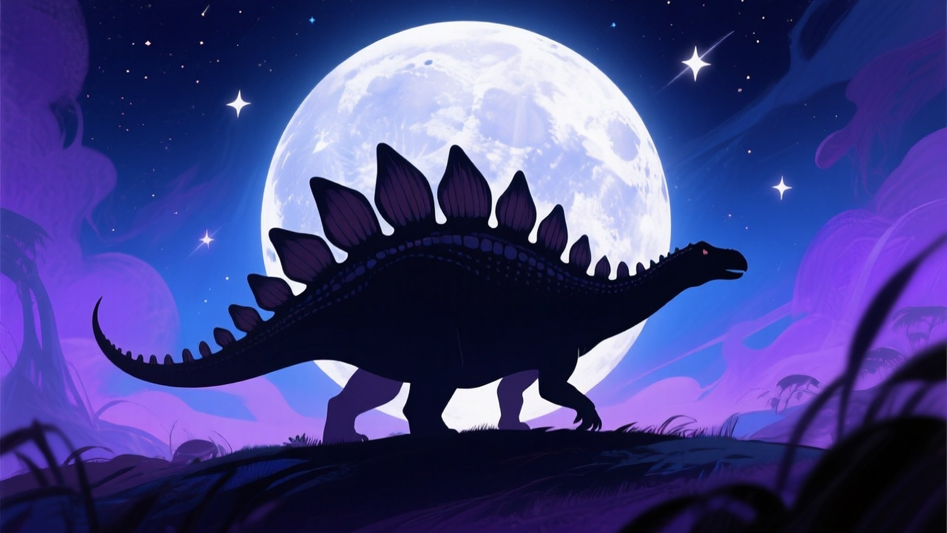 Moonlit Stegosaurus 壁紙 — 在紫色夜空下，一隻劍龍的剪影站在山丘上，背景是巨大的月亮和閃爍的星星。