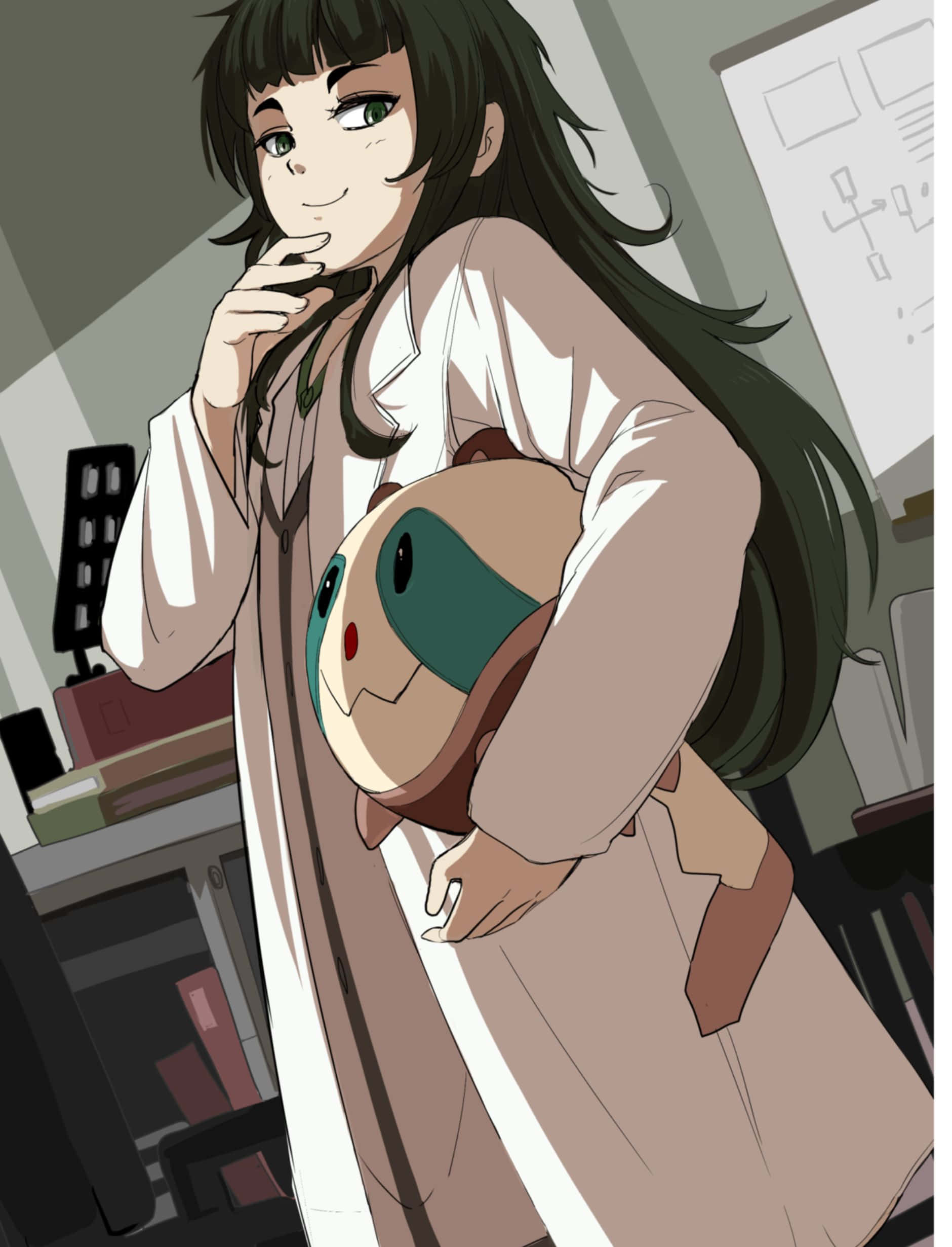 比屋真帆 - Steins;Gate 0 角色 壁紙 — 一個微笑的動漫女孩穿著實驗室外套，在雜亂的辦公室裡抱著一個毛絨玩具。