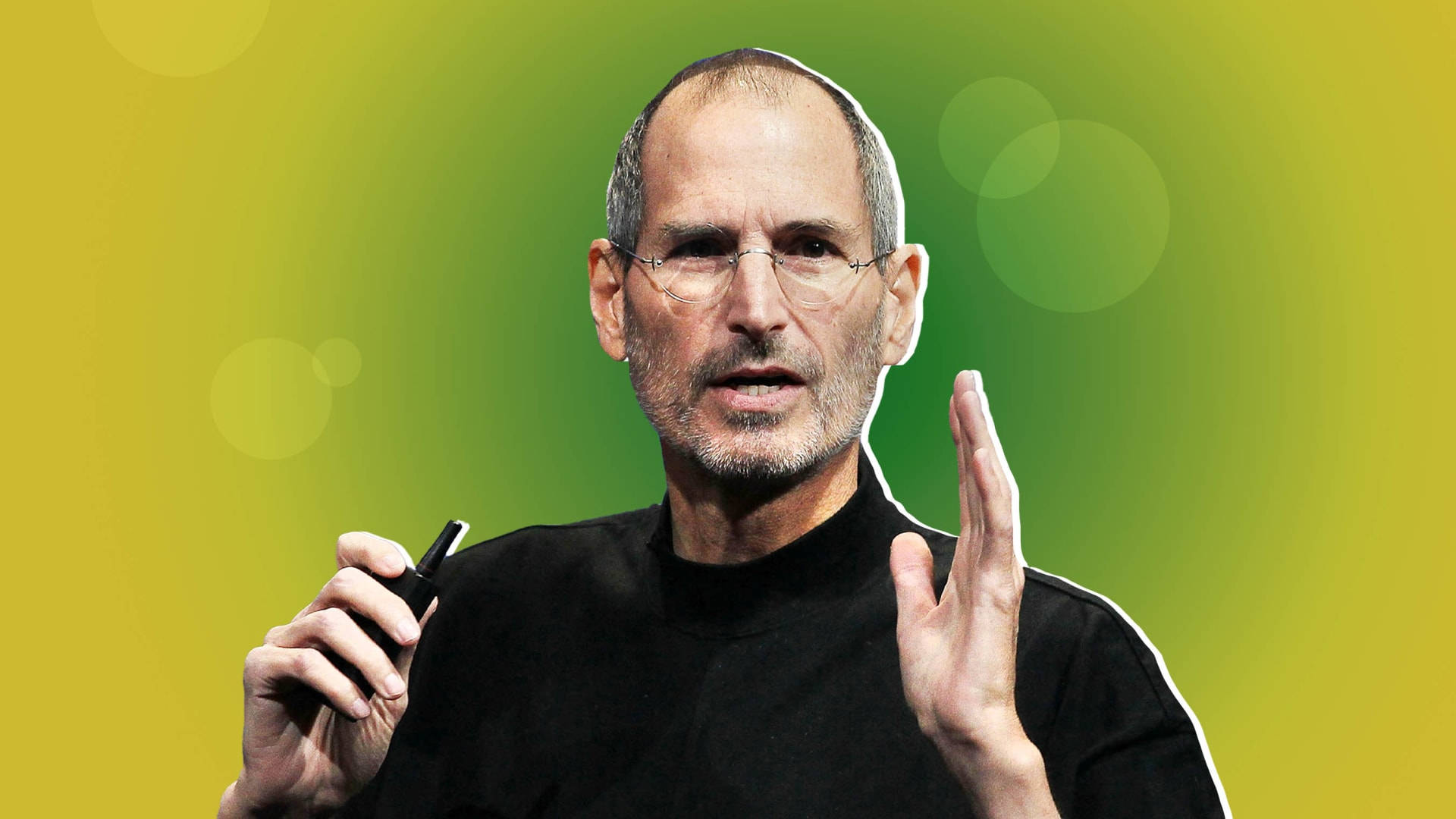 Rich 桌布 壁紙 — Steve Jobs 在充滿活力的綠色和黃色漸變背景以及柔和散景圓圈前充滿激情地演講。