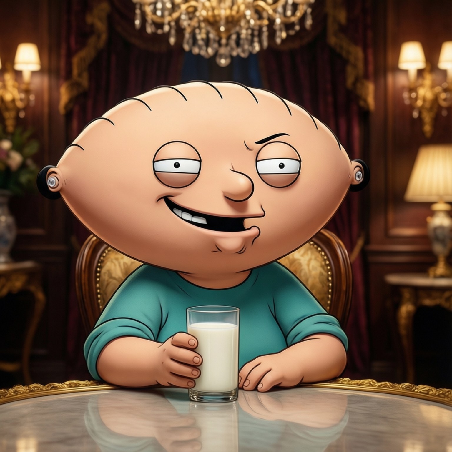 Smug Stewie with Milk 壁紙 — Stewie Griffin 坐在一個豪華房間的鍍金桌子旁，拿著一杯牛奶，露出得意的笑容。