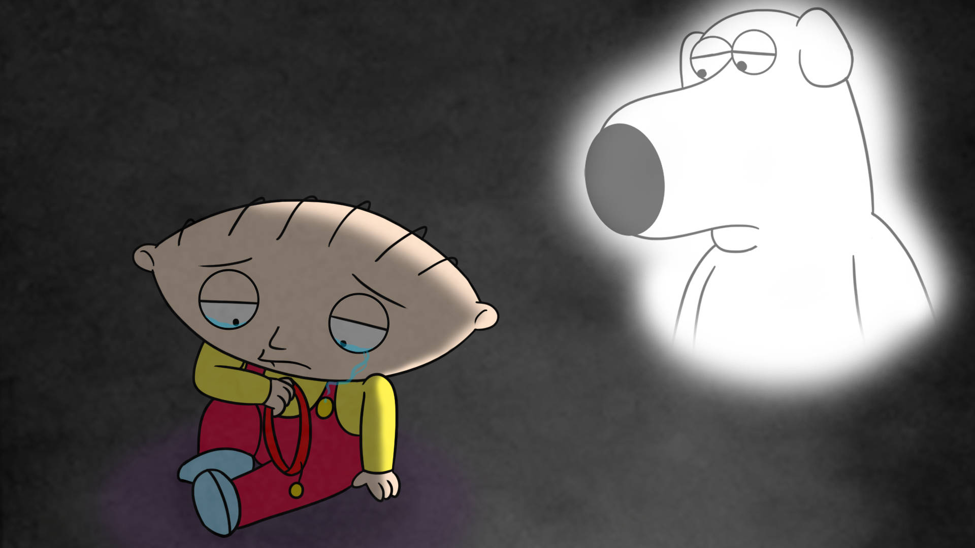stewie 桌布 壁紙 — Stewie Griffin 坐在黑暗中哭泣，身後出現狗 Brian 的發光白色輪廓。