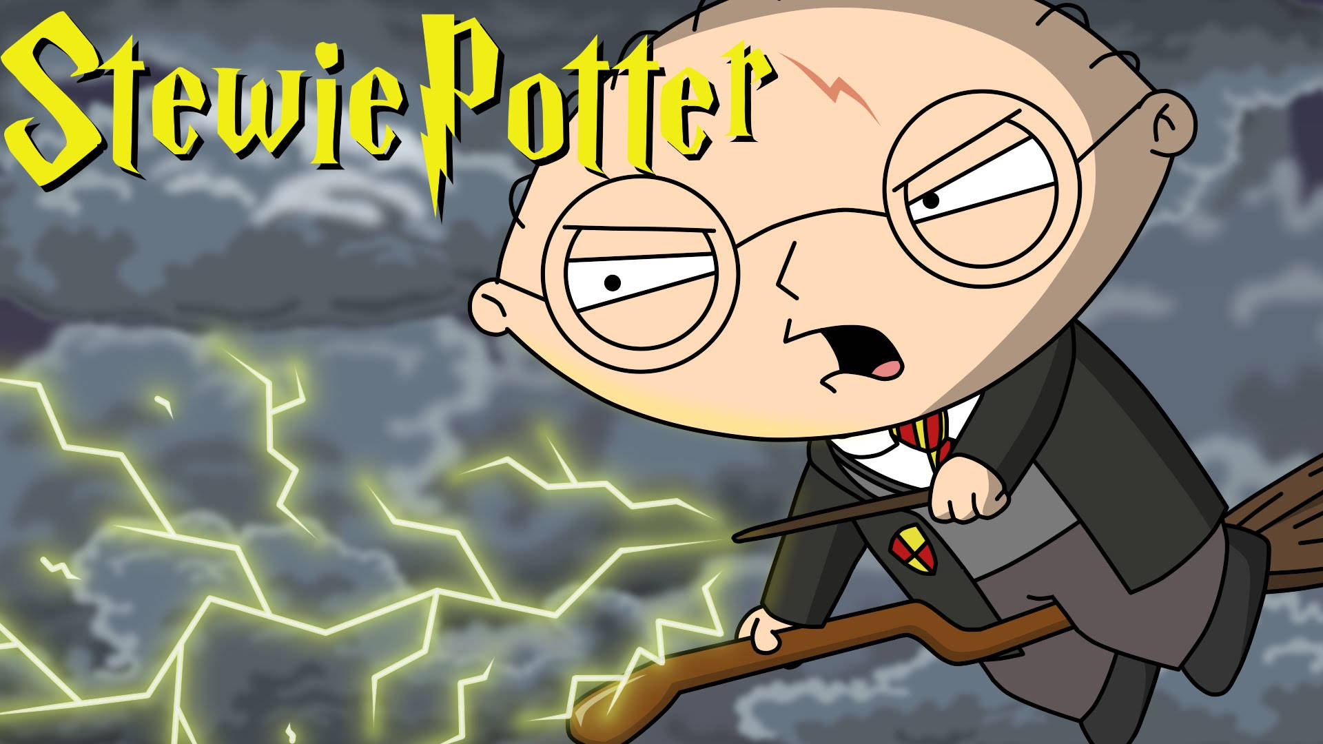 stewie 桌布 壁紙 — Stewie Griffin 打扮成哈利波特，在雷電交加、風雨交加的天空中騎著掃帚飛行。