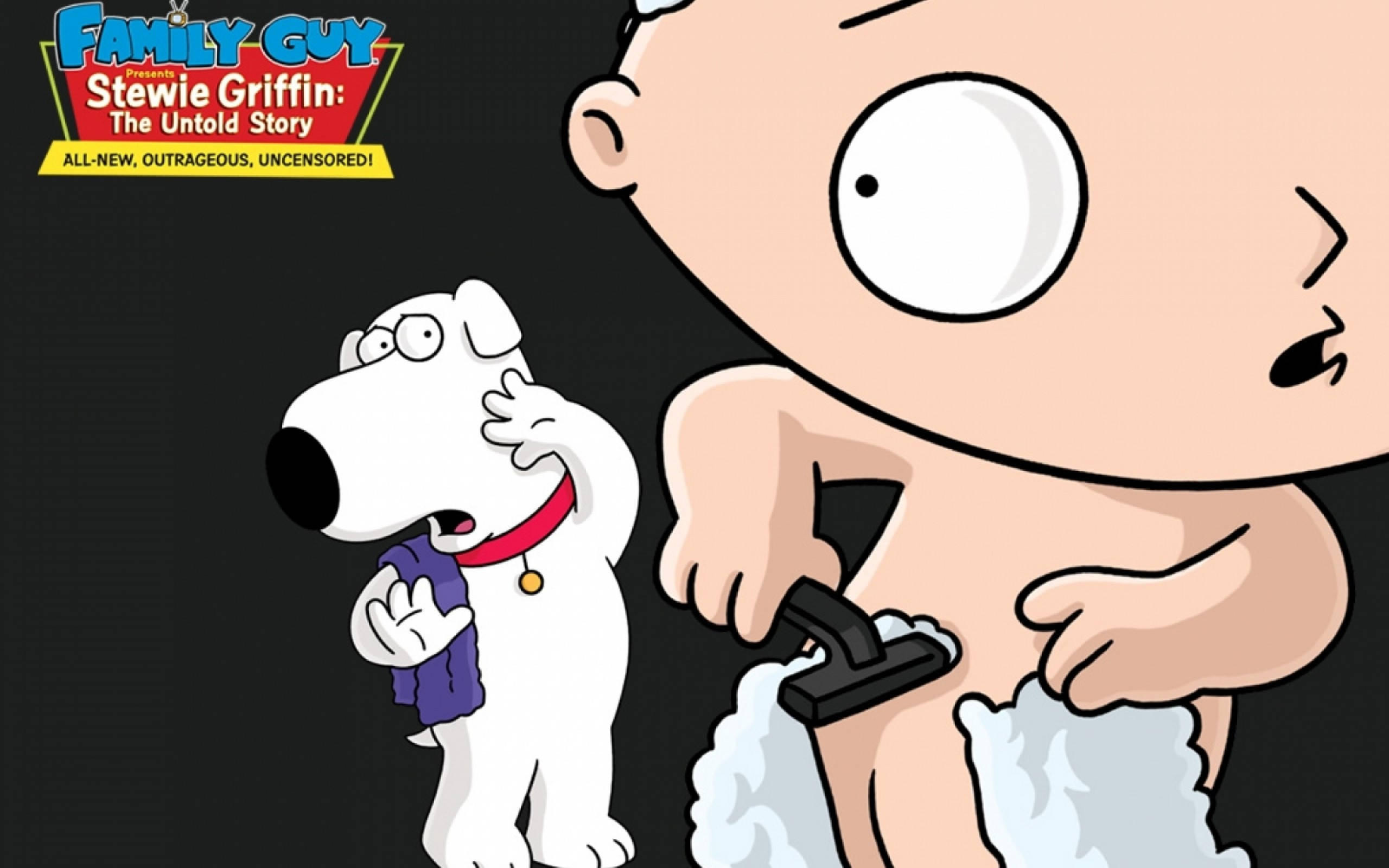 stewie 桌布 壁紙 — Stewie Griffin 用刮鬍刀刮鬍子，而狗 Brian 在黑色背景前震驚地看著。