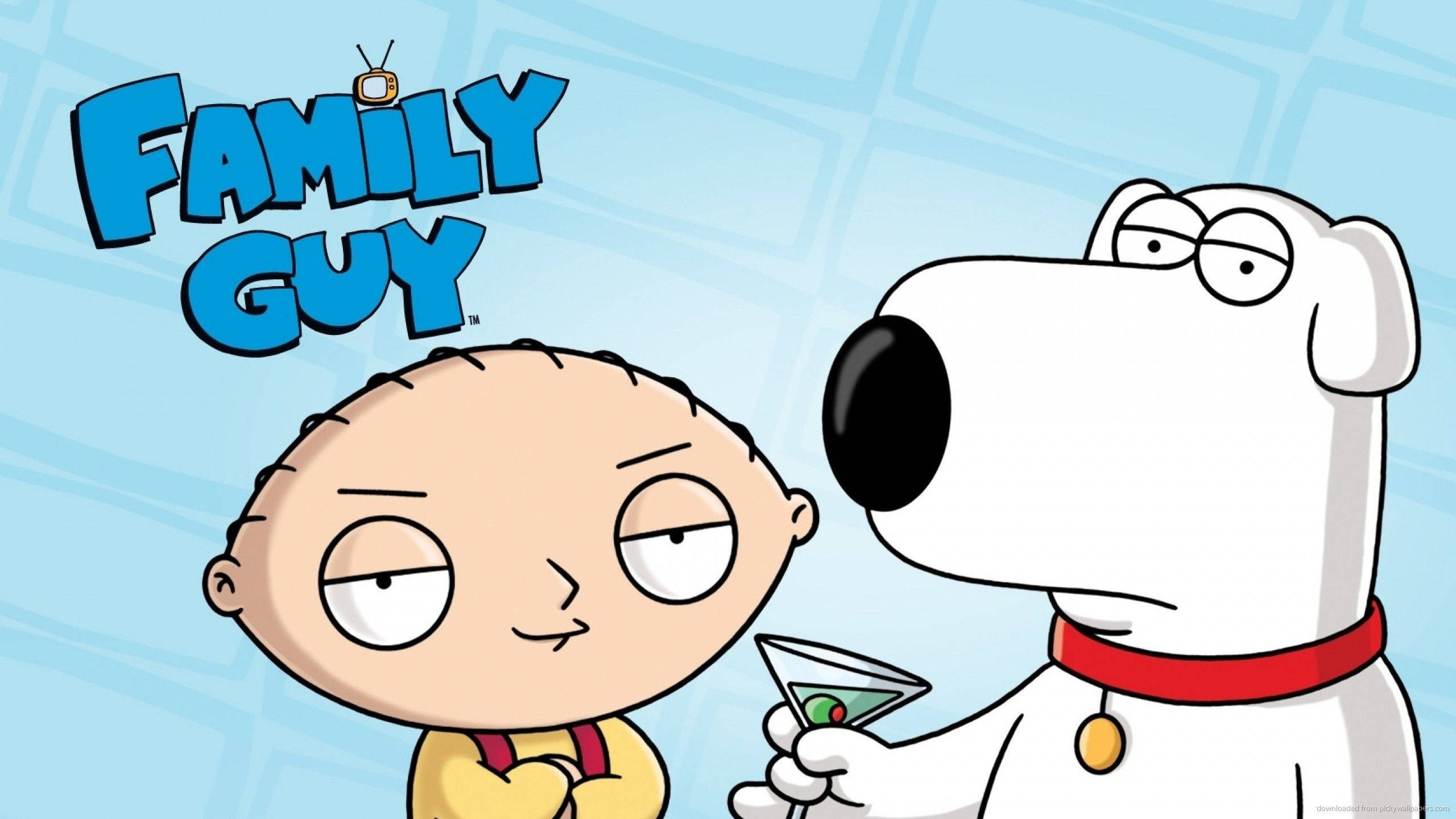 stewie 桌布 壁紙 — Stewie Griffin 與狗 Brian 在藍色網格背景的卡通場景中分享一杯馬丁尼。