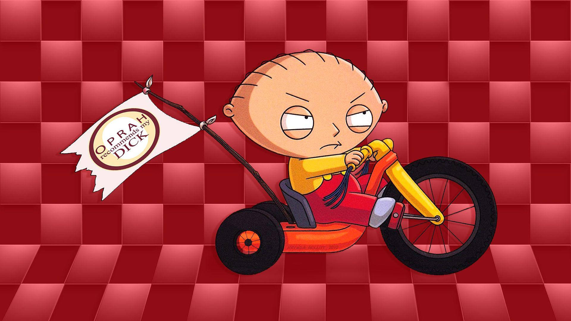 stewie 桌布 壁紙 — Stewie Griffin 騎著一輛紅色三輪車，車上插著一面寫有「Oprah recommends Dick」的旗幟，背景是紅色格子圖案。