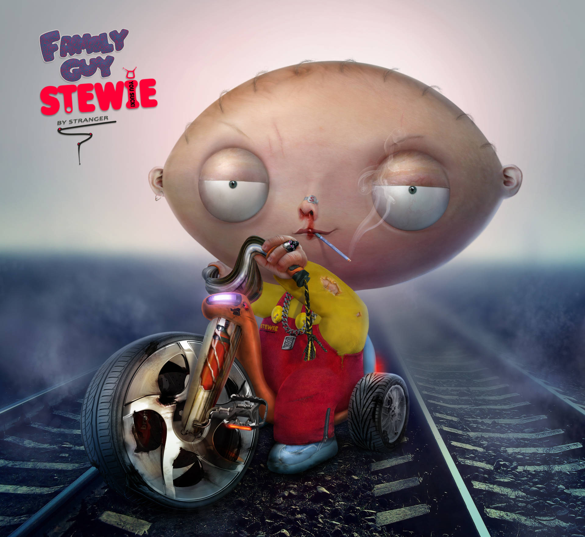 Stewie Griffin 在chopper摩托車上於火車軌道抽煙。 — 彼得·格里芬 壁紙