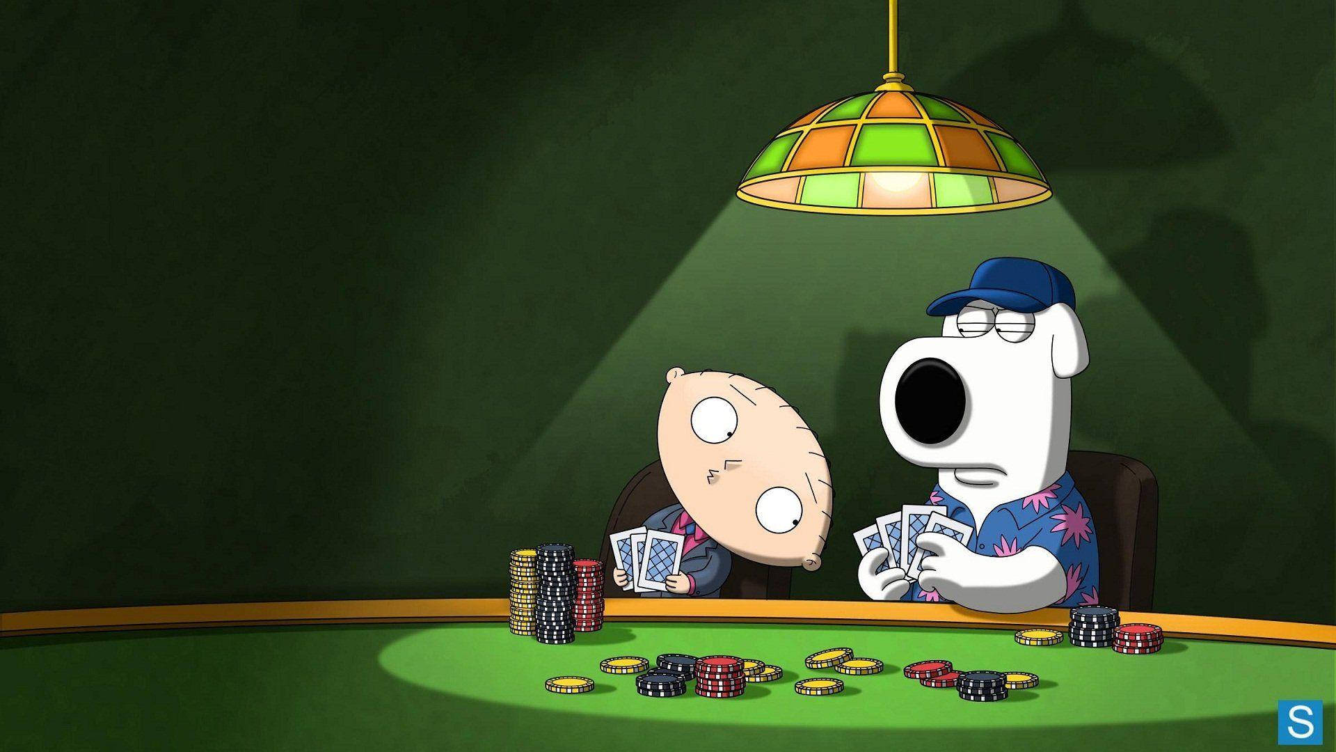stewie 桌布 壁紙 — Stewie 和 Brian 在光線昏暗的賭場房間裡，在彩色玻璃燈下玩撲克。