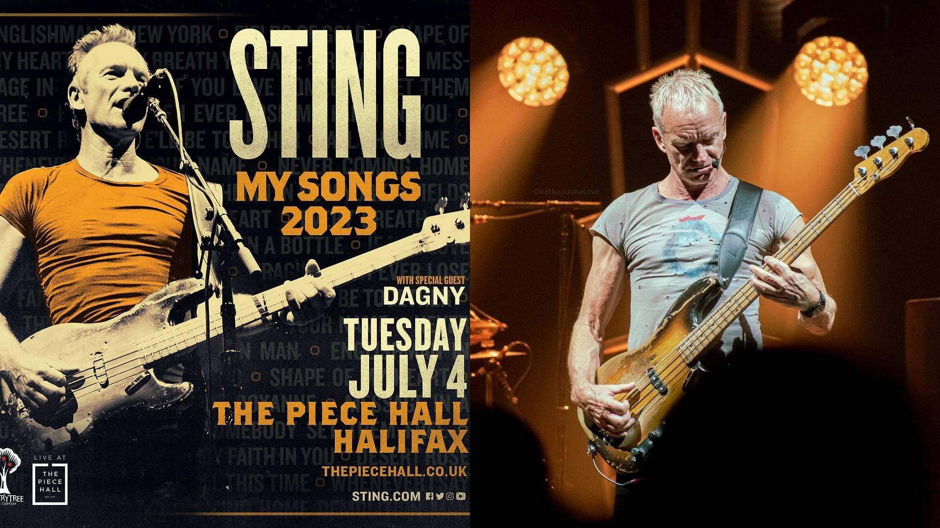 poster 桌布 壁紙 — Sting 在哈利法克斯的 Piece Hall 溫暖的聚光燈下，手持低音吉他現場表演。