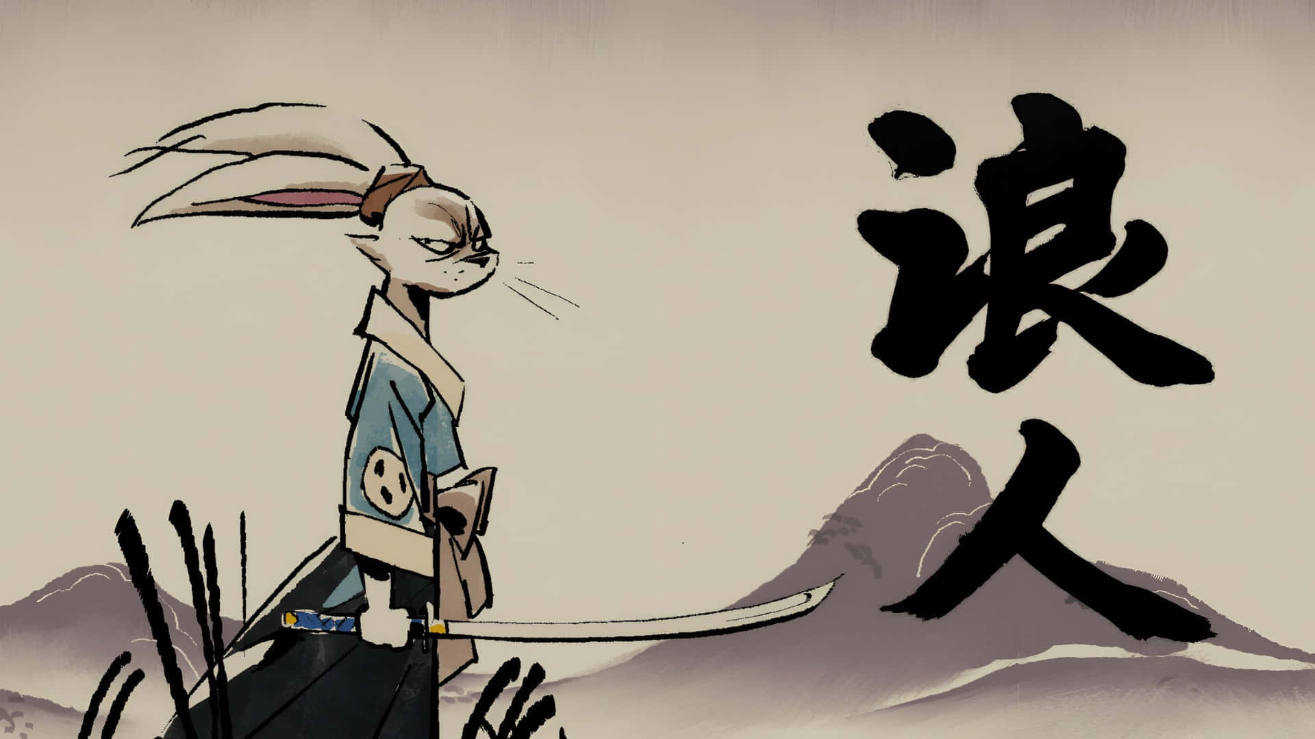  壁紙 — 一隻堅忍的兔子武士手持武士刀，站在風格化的山脈和粗體漢字前，呈現極簡水墨風格。