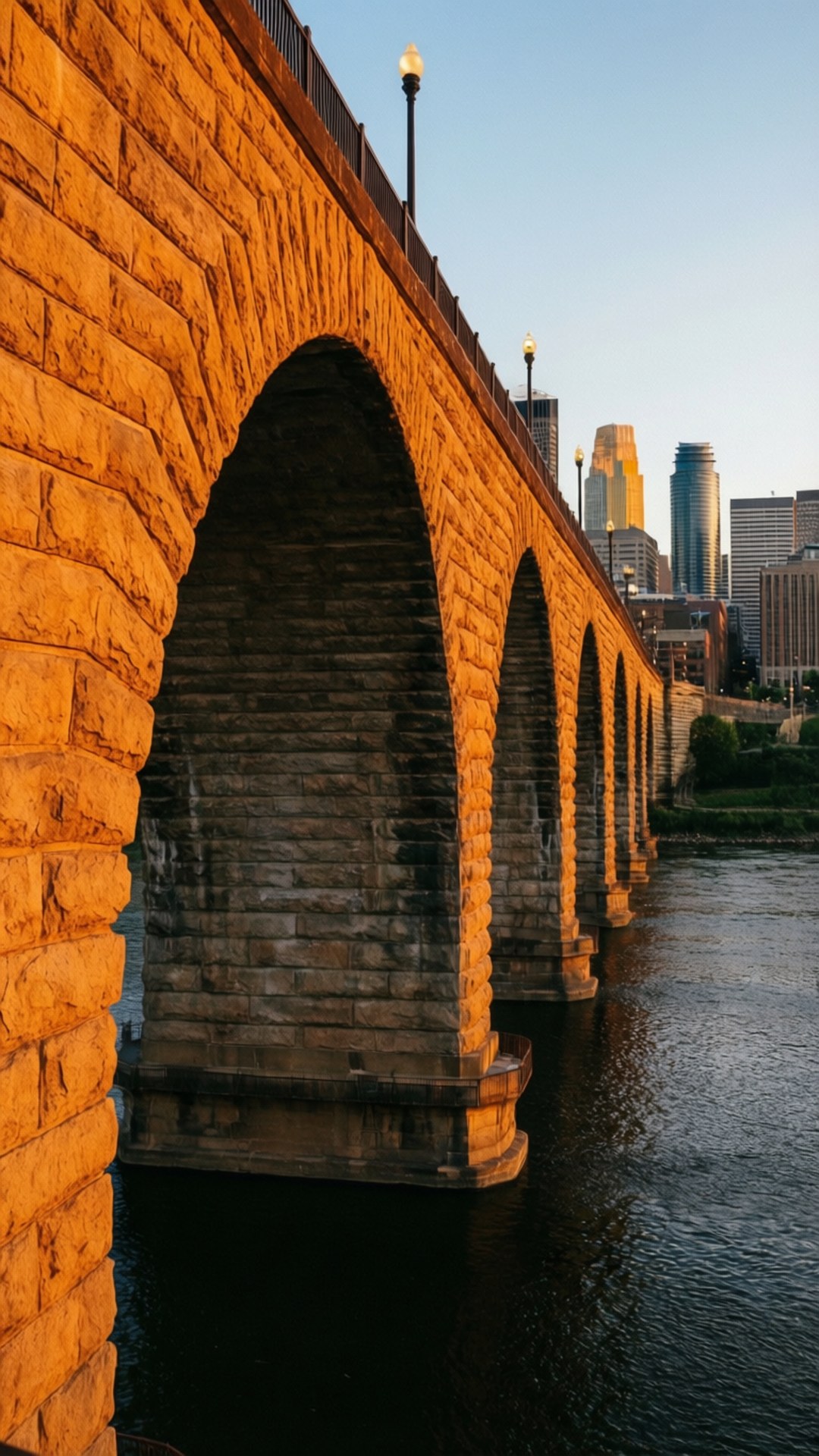 Stone Arch Bridge Golden Hour 壁紙 — 一座石拱橋沐浴在金色夕陽下，橫跨一條黑暗的河流，背景是現代城市天際線。