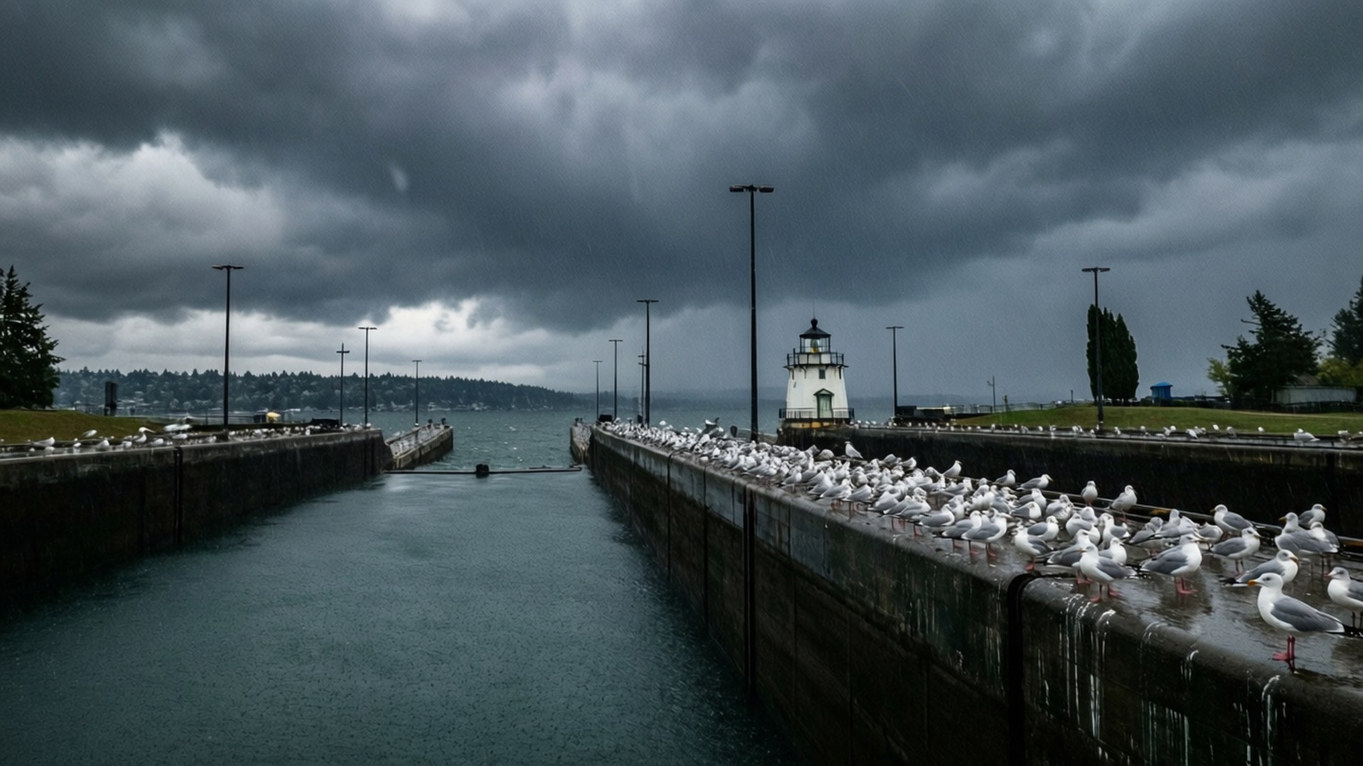 Ballard Locks 桌布 壁紙 — 暴風雲籠罩著一個運河水閘，水閘內充滿了棲息在風化混凝土牆上的海鷗，旁邊有一座小燈塔。