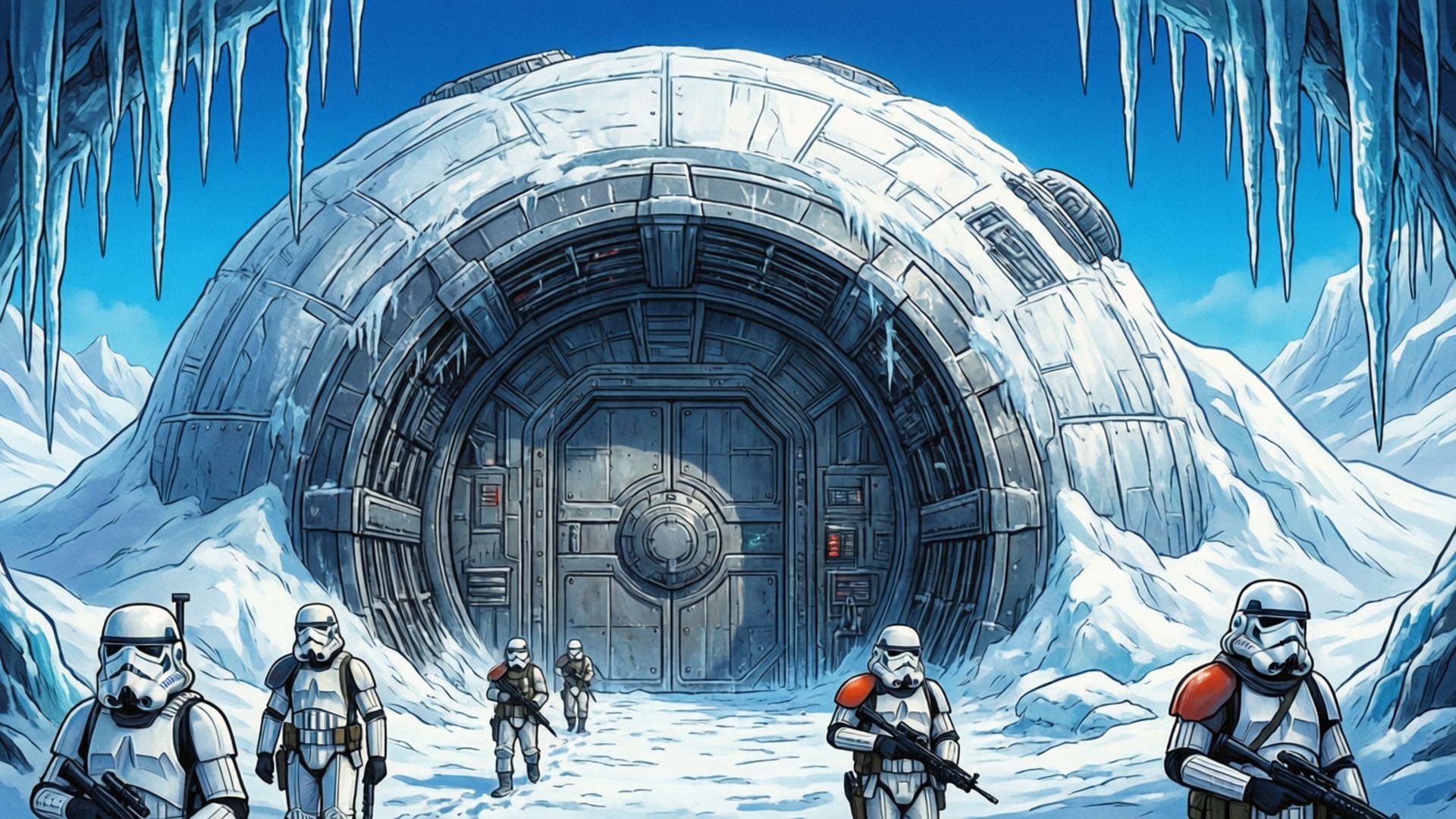 風暴兵站在雪地中一扇巨大的冰門前。