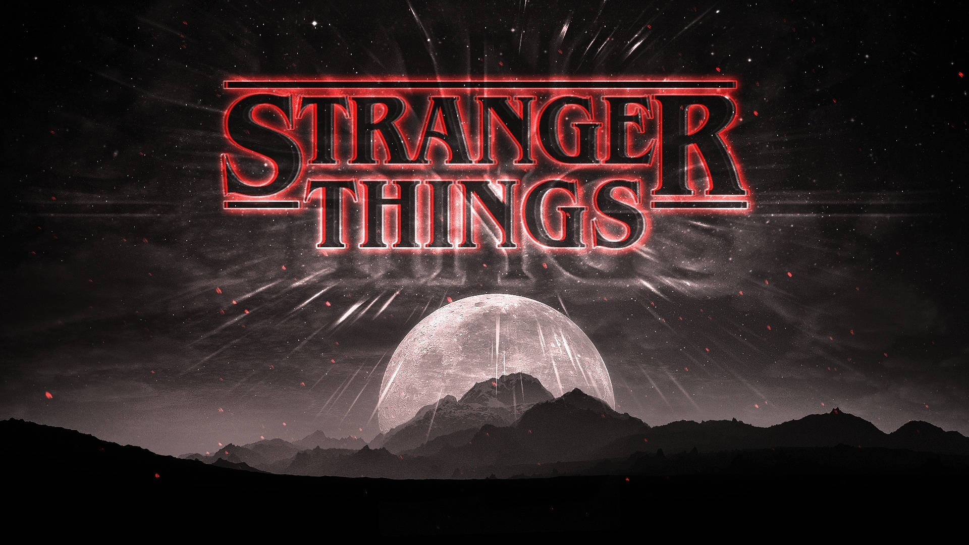 Stranger Things Cute 桌布 壁紙 — Stranger Things 標誌在繁星點點的夜空下發出紅光，夜空中有大月亮和山脈輪廓。