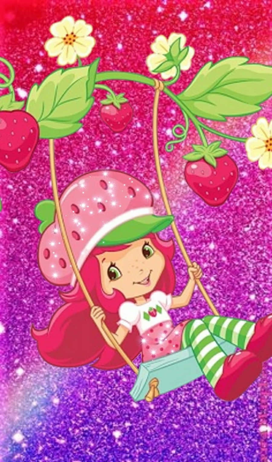 strawberry shortcake 桌布 壁紙 — Strawberry Shortcake 在閃爍的粉紅紫色背景中，伴隨著草莓和黃色花朵，愉快地在藤蔓鞦韆上盪漾。