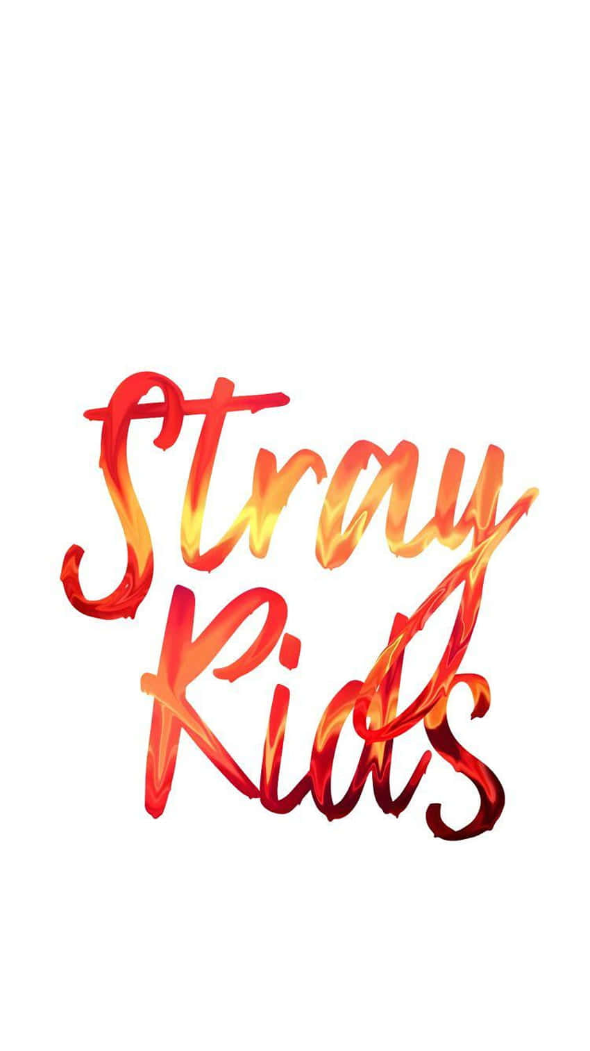  壁紙 — 「Stray Kids」一詞以火紅和橙色的筆觸字體呈現在純白背景上。