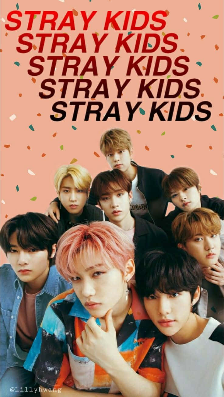 桌布 壁紙 — Stray Kids 成員在粉紅色背景上自信地擺姿勢，背景有飄落的五彩紙屑和重複的樂隊名稱文字。
