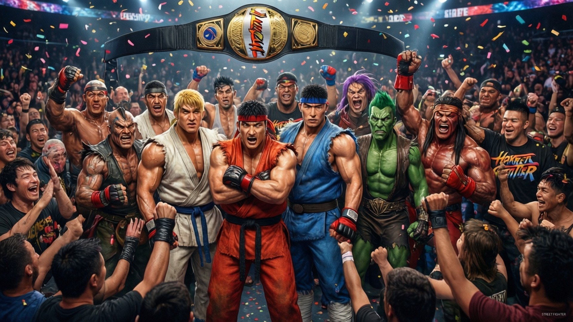 Street Fighter Champion Celebration 壁紙 — 一群充滿活力的人群歡呼，標誌性的街頭霸王角色在冠軍腰帶下慶祝，五彩紙屑飄落。