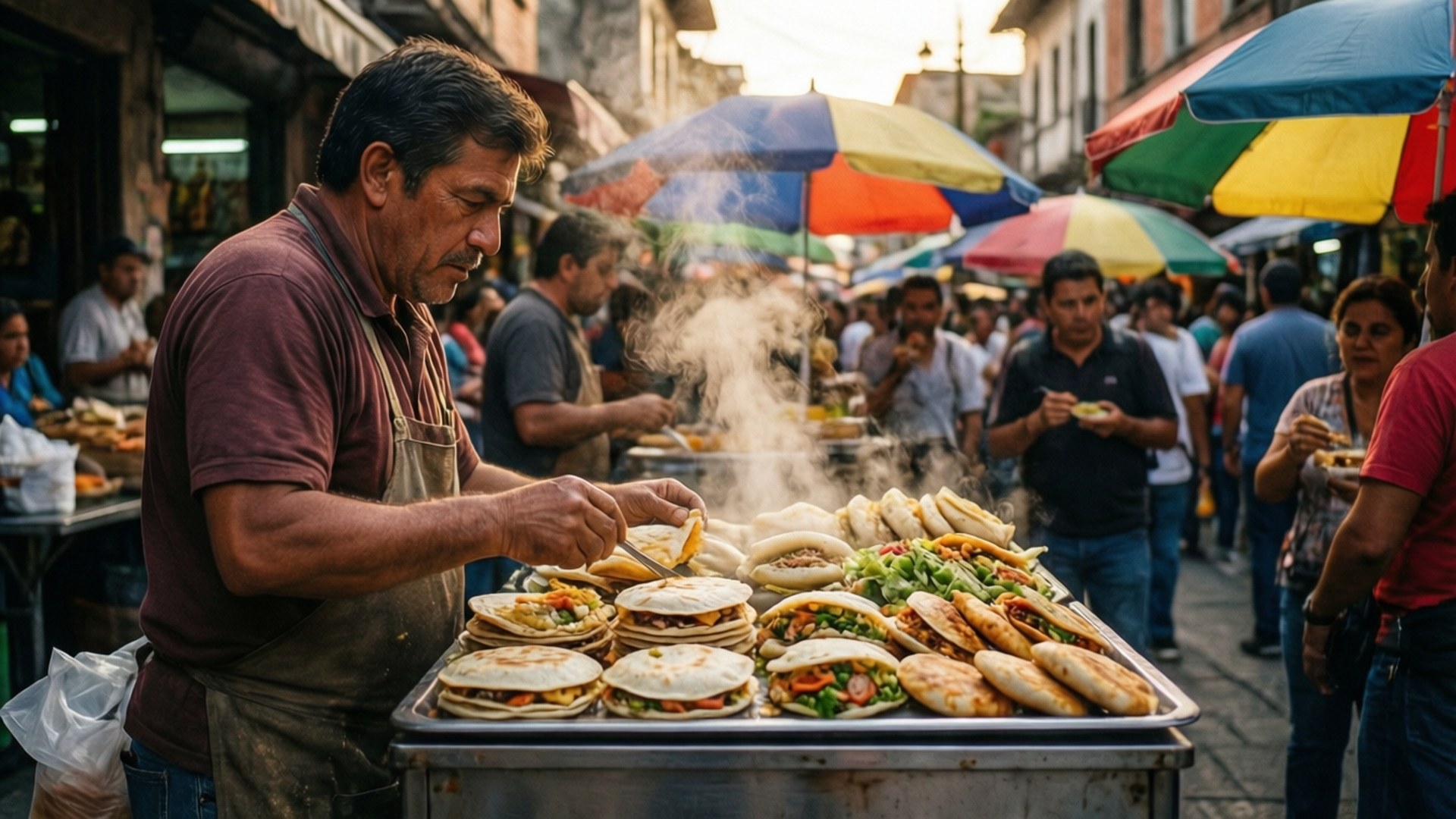 Street Food Market 壁紙 — 街頭小販在色彩繽紛的雨傘下，熟練地在熱鬧的市場攤位上組裝熱騰騰的三明治。