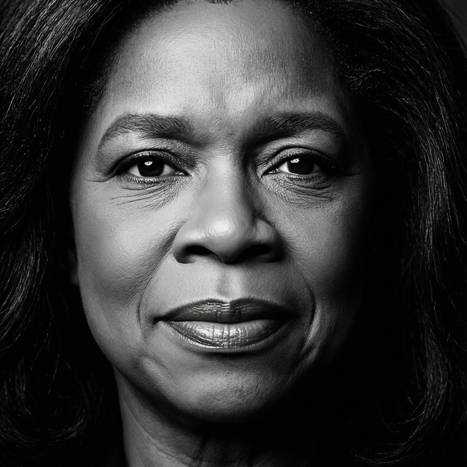 Oprah Black and White 壁紙 — 一個引人注目的黑白特寫肖像，一位深色頭髮、帶著溫柔微笑的女性，她的臉龐在柔和的燈光下，以深色背景襯托。
