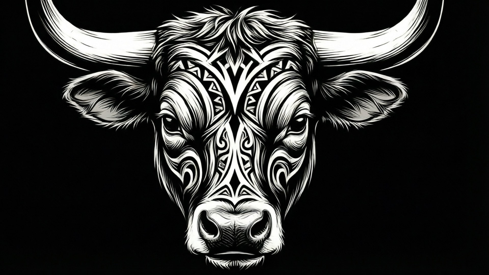 Taurus Zodiac 桌布 壁紙 — 一幅引人注目的黑白插圖，公牛頭部飾有複雜的部落圖案，背景為純黑色。
