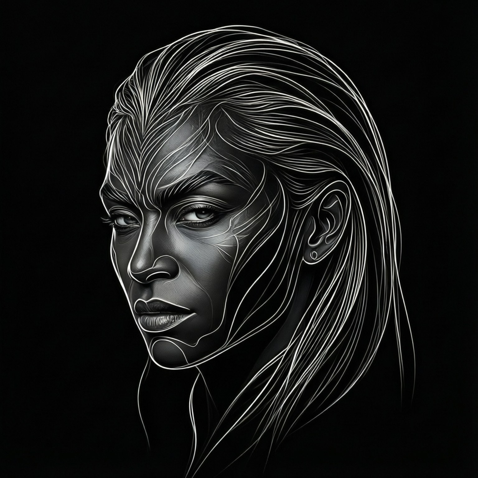 Shuri Line Art 壁紙 — 一個引人注目的黑白女性肖像，帶有複雜的發光白色線條藝術，流過她的頭髮和臉部，背景為深色。