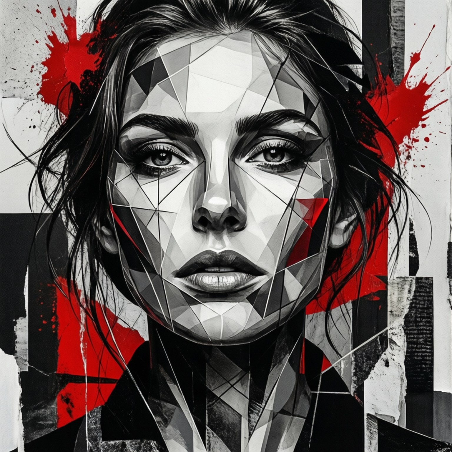 Geometric Muse 壁紙 — 一個引人注目的幾何女性肖像，帶有碎片化的黑白切面和鮮明的紅色潑濺，背景簡潔。