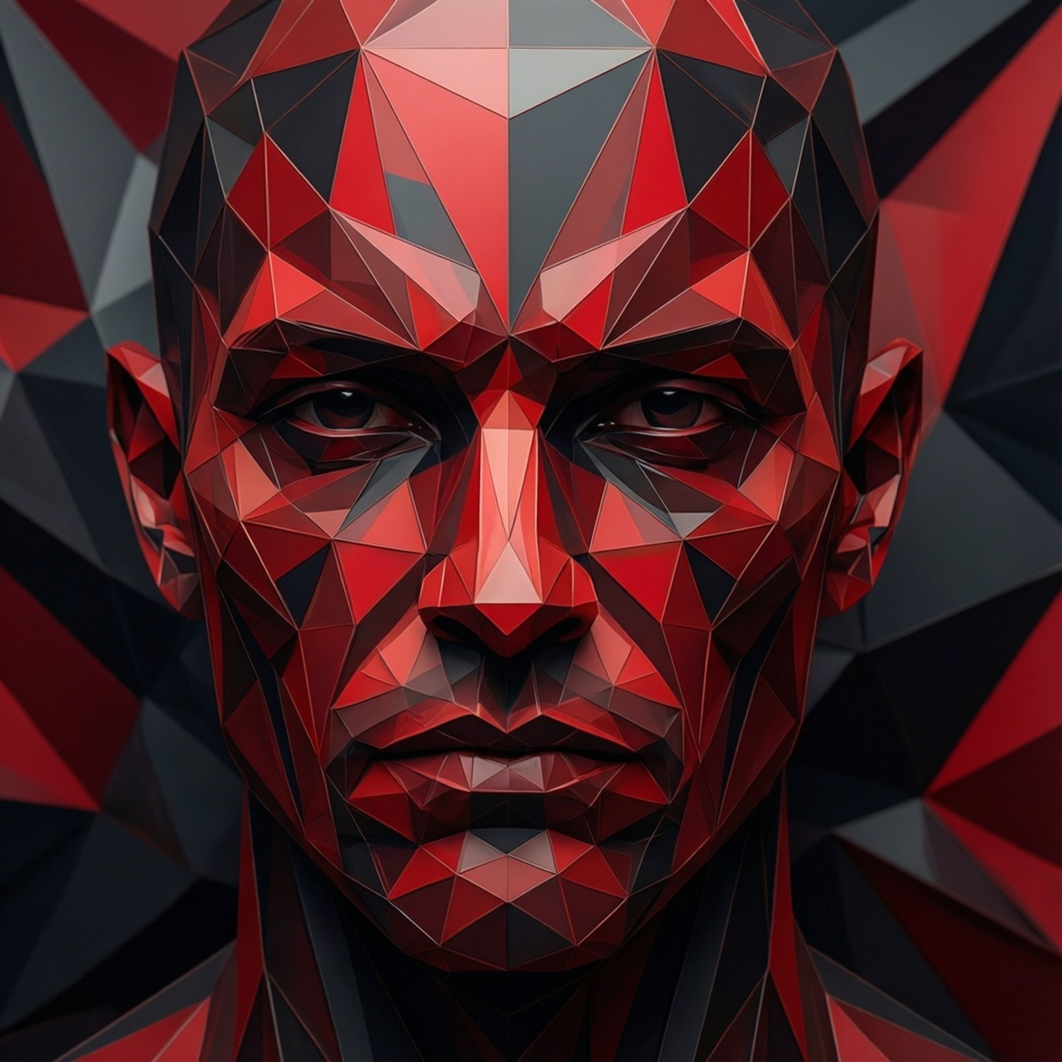 Low Poly Face 壁紙 — 一個引人注目的低多邊形數位肖像，以銳利的紅色和深灰色幾何面呈現男性面孔。