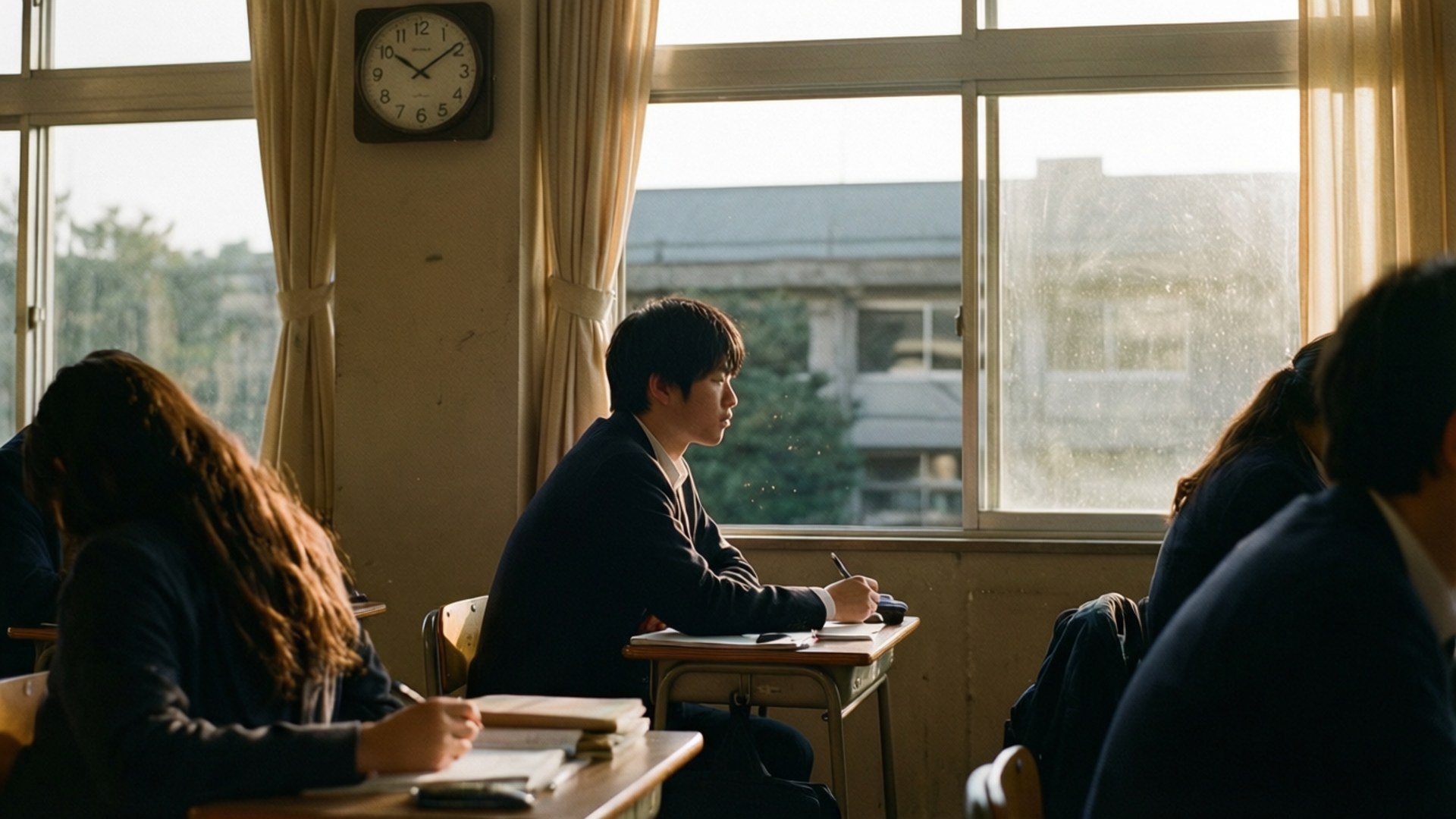 Classroom Daydream 壁紙 — 一名穿著深色制服的學生坐在陽光充足的教室的木桌旁，透過大窗戶向外凝望，而同學們正在寫筆記。