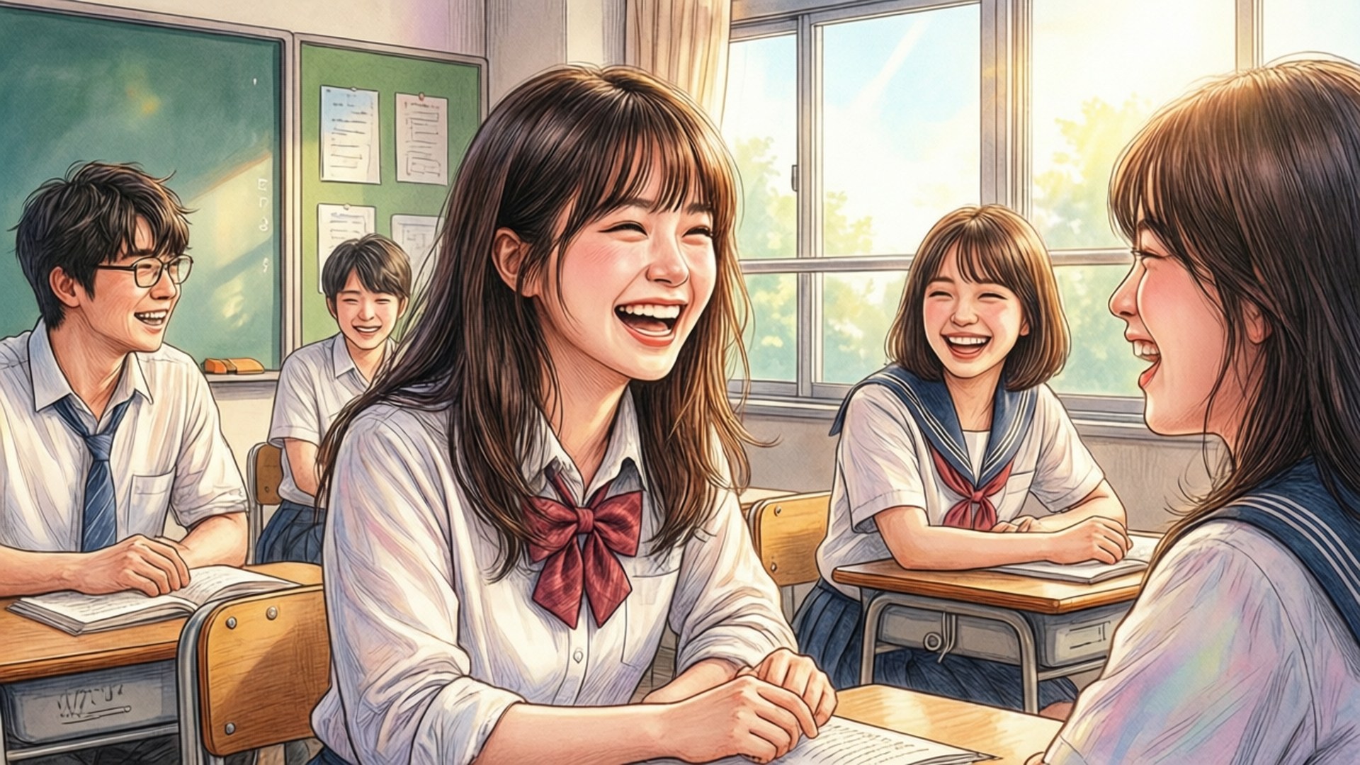 Classroom Laughter 壁紙 — 學生穿著校服在陽光明媚的教室裡一起大笑，教室裡有木製書桌和綠色黑板。