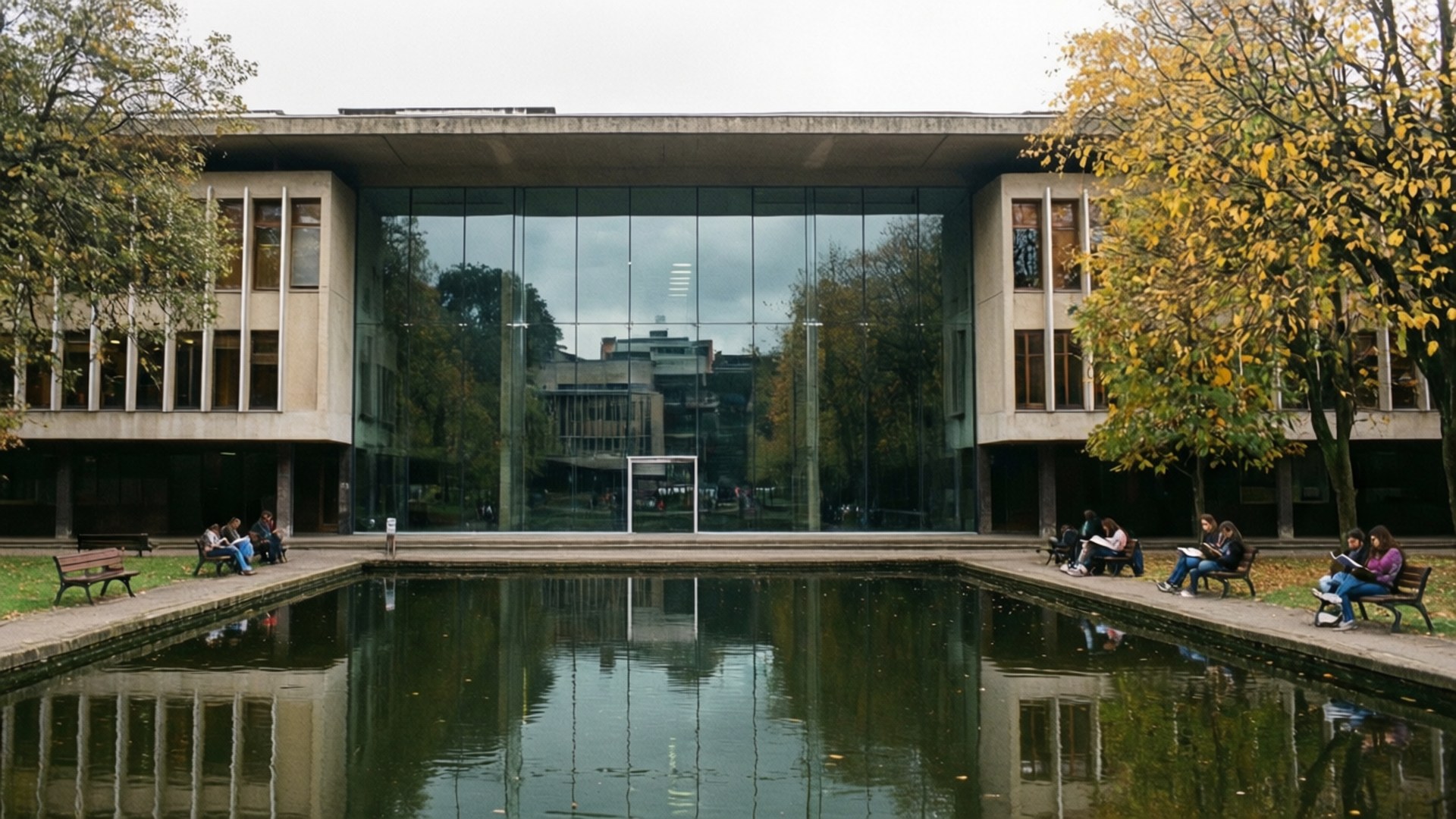 Virgilio Barco Library 壁紙 — 學生坐在長椅上，旁邊是倒映著現代主義混凝土和玻璃建築的池塘，周圍環繞著秋樹。