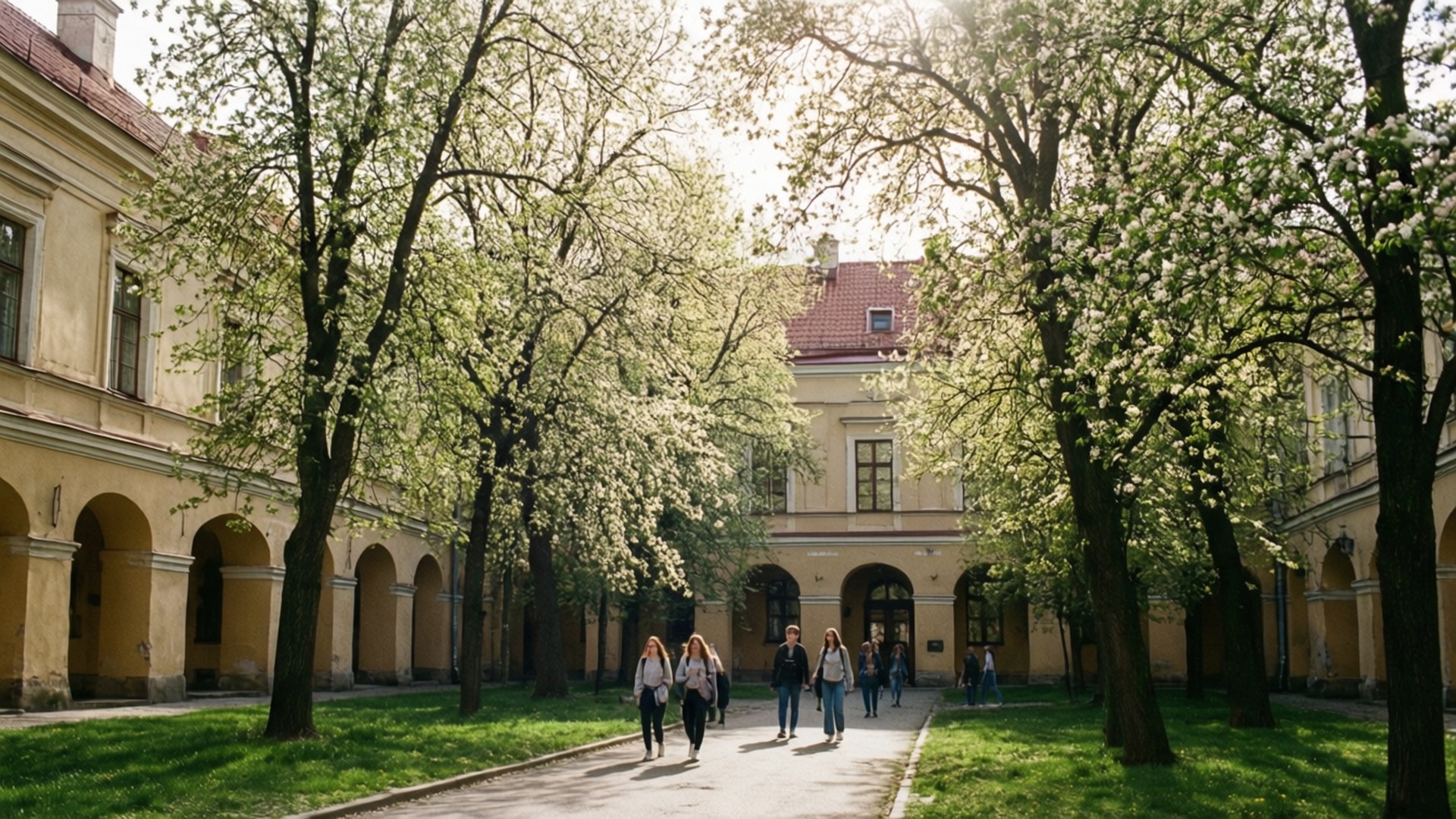 Spring at Vilnius University 壁紙 — 學生們在陽光普照的庭院小徑上漫步，兩旁是盛開的樹木和帶有拱形步道的歷史黃色建築。