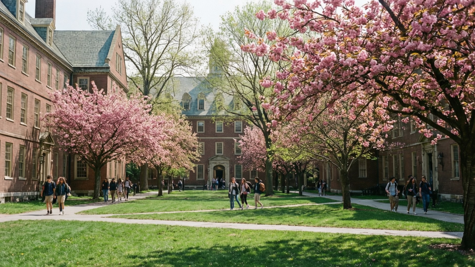 Harvard Yard Spring 壁紙 — 學生們在陽光普照的校園廣場上，在鮮豔的粉紅色櫻花下漫步，兩旁是歷史悠久的磚砌建築。