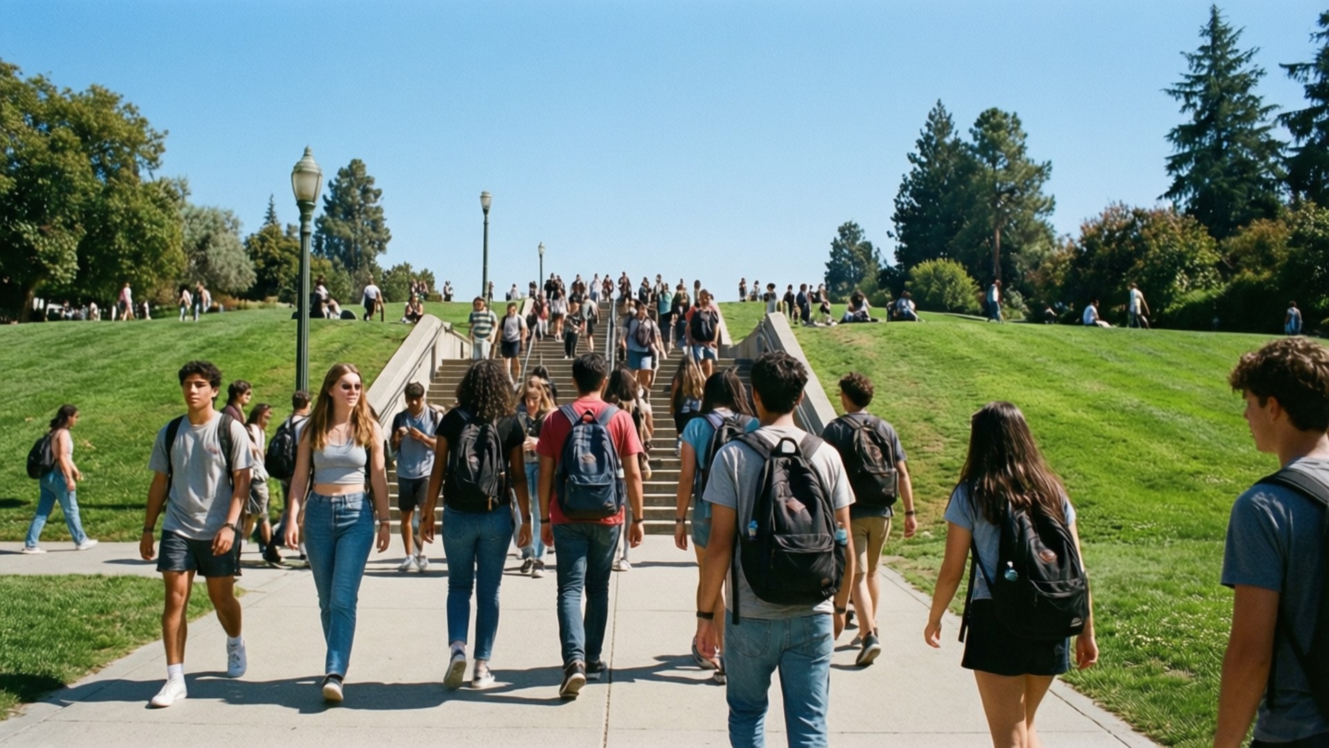 ucla 桌布 壁紙 — 學生背著背包在晴朗的藍天下，沿著兩旁有綠色草坪和樹木的寬闊樓梯上行。