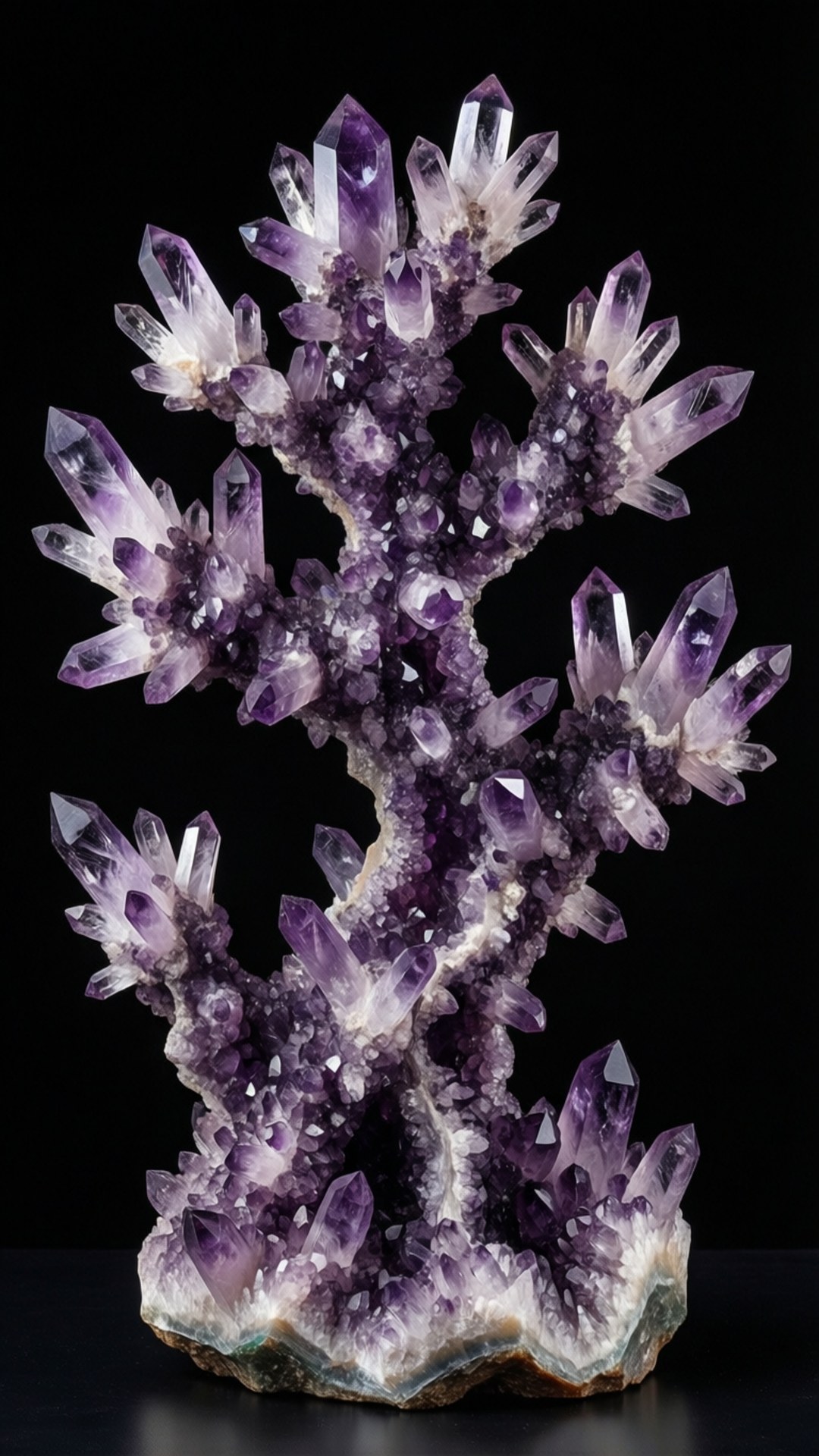 Amethyst Tree Formation 壁紙 — 一個令人驚嘆的紫水晶晶洞簇，尖銳的紫色晶體從粗糙的土質基底向黑色背景輻射。