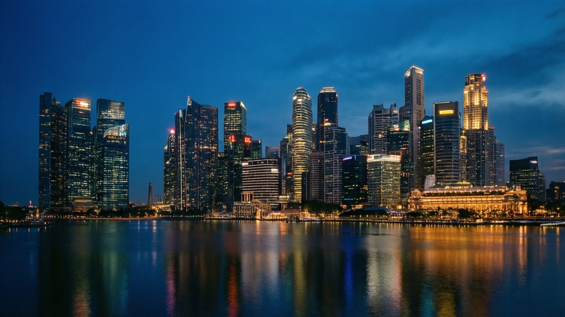 Singapore 桌布 壁紙 — 新加坡天際線的迷人黃昏景色，摩天大樓在深藍色天空下閃耀，它們的燈光完美地倒映在下方平靜的水面上。