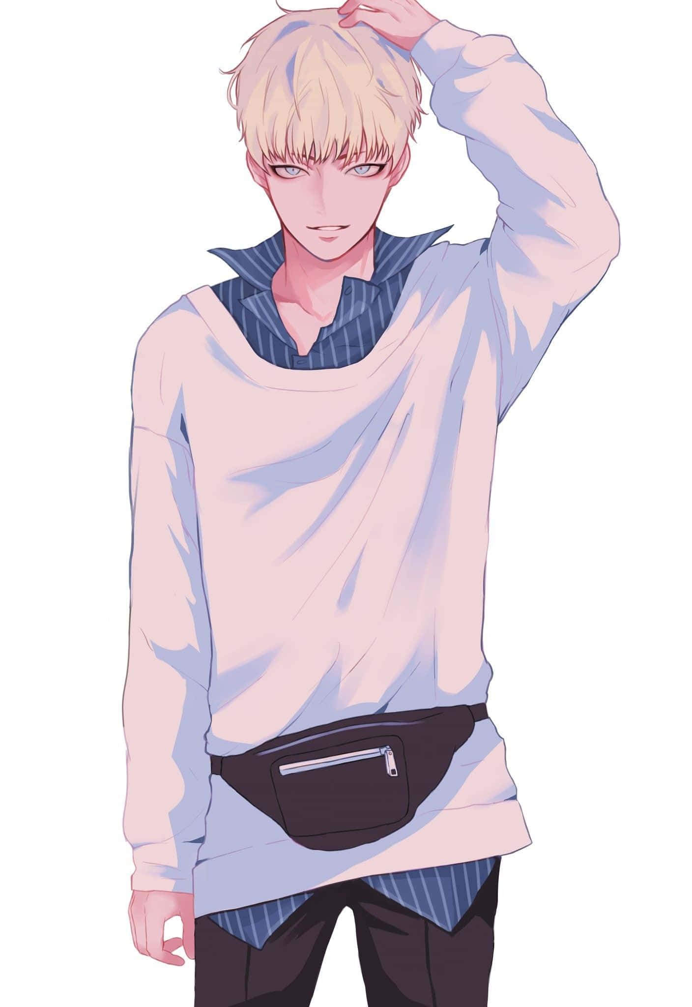Ryo Asuka 桌布 壁紙 — 一個時尚的動漫男孩，金髮藍眼，穿著粉紅色毛衣內搭條紋襯衫和黑色腰包，同時摸著頭。