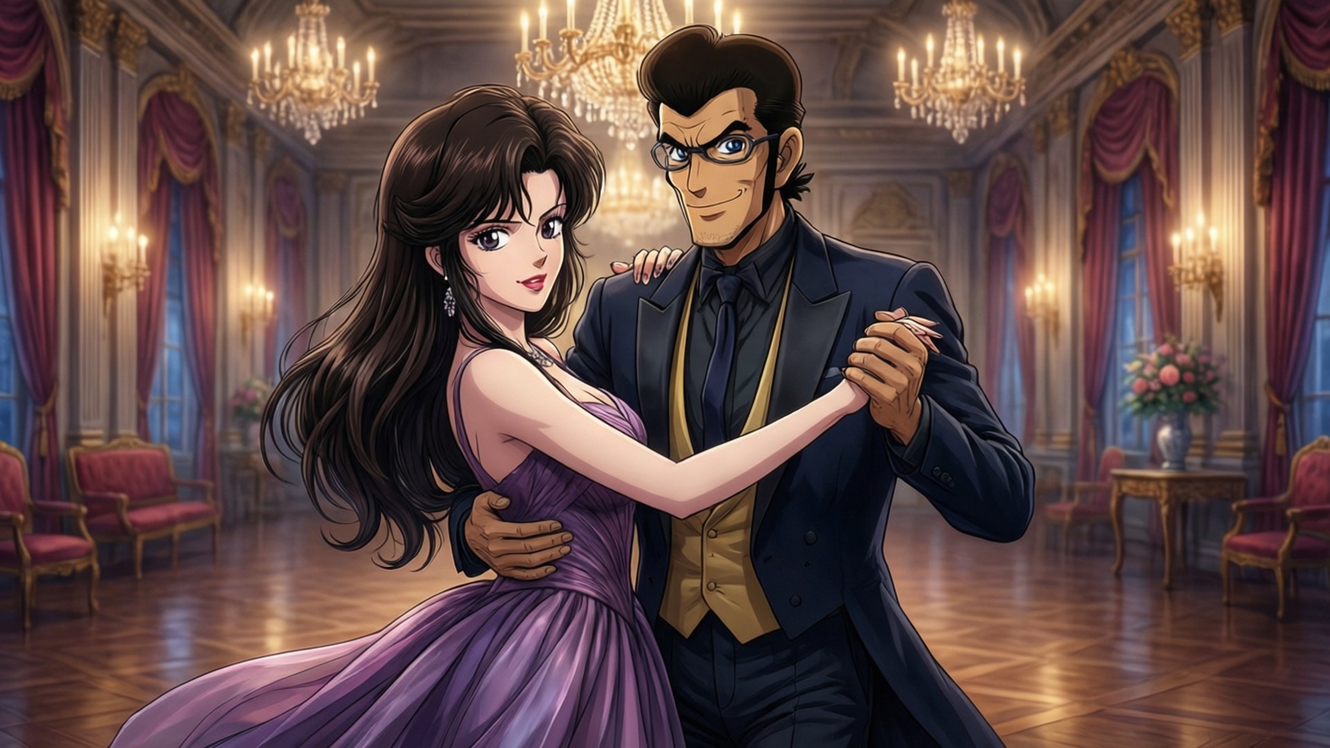 Lupin The Third 桌布 壁紙 — 一對時尚動漫情侶在華麗宏偉的舞廳中親密跳舞，舞廳內有吊燈和紅色窗簾。