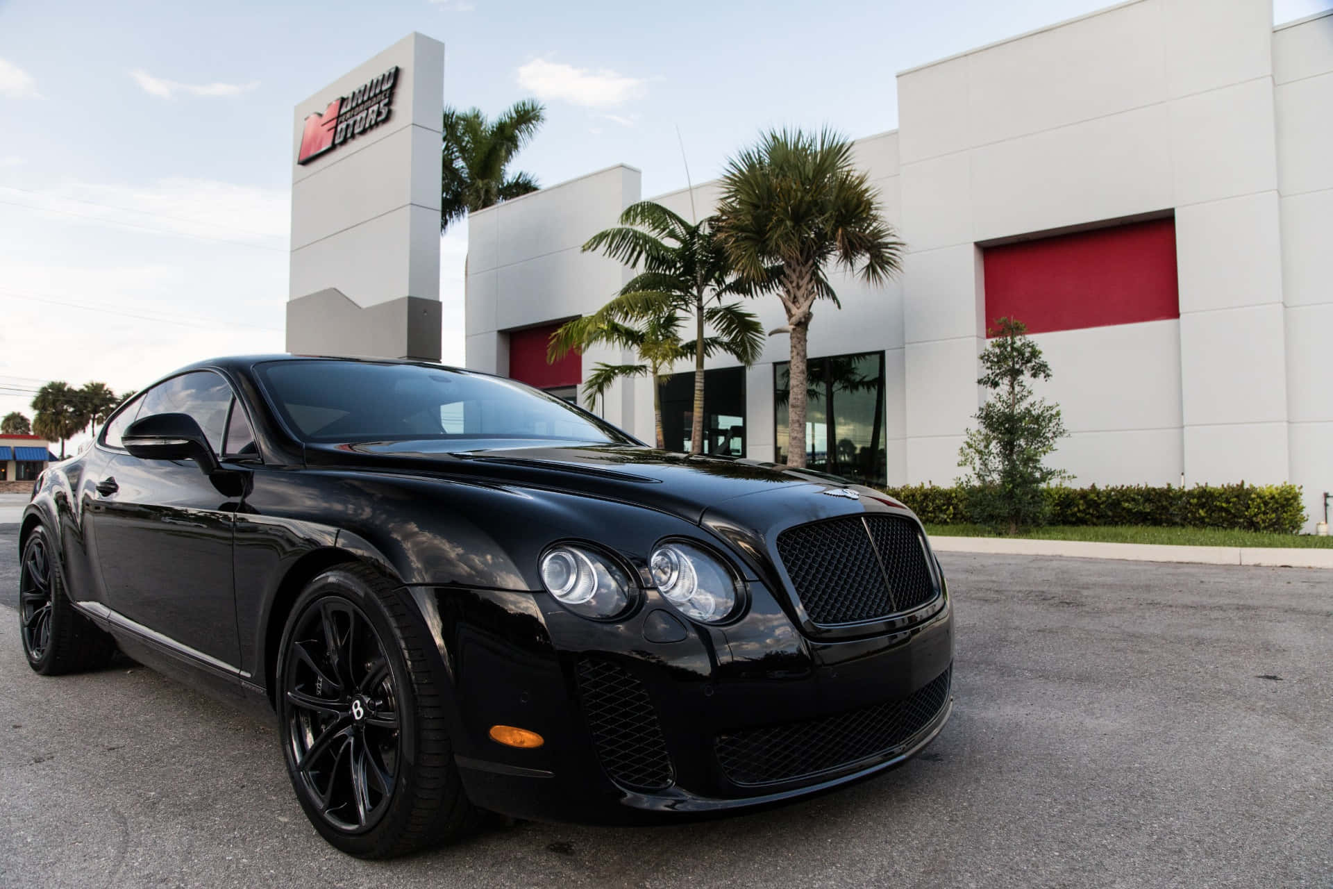 Bentley Continental Supersports 桌布 壁紙 — 一輛時尚的黑色賓利Continental GT停在現代化經銷商前，有棕櫚樹和紅色點綴，天空晴朗。
