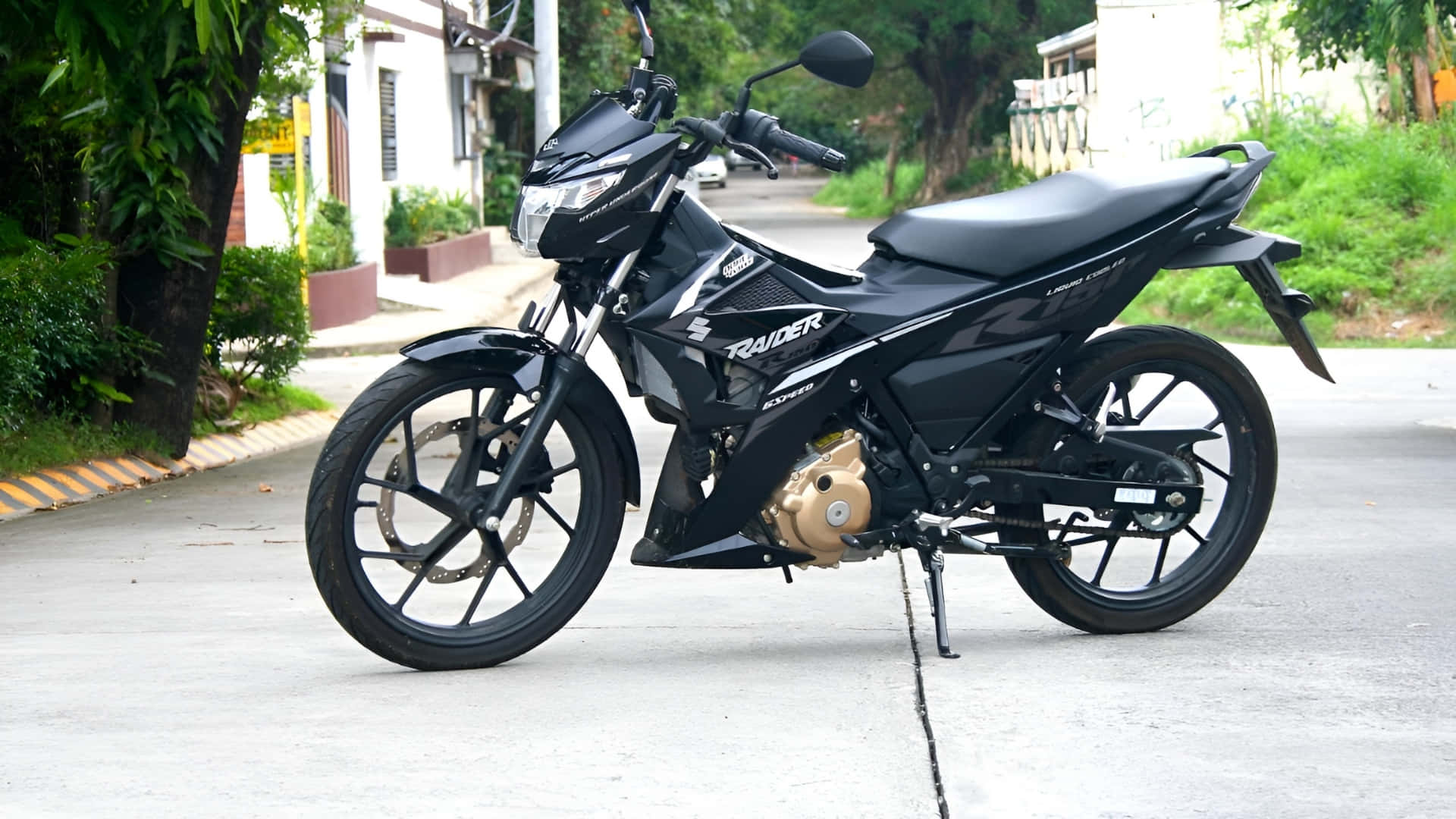  壁紙 — 一輛時尚的黑色Raider機車停泊在寧靜的街道上，兩旁綠樹成蔭，還有住宅建築。