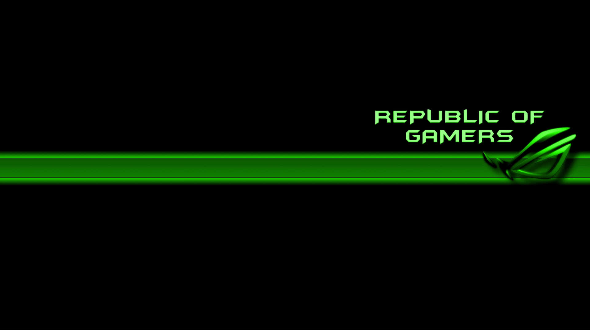  壁紙 — 時尚黑色桌布，帶有發光綠色水平條紋和霓虹綠色的「Republic of Gamers」標誌。