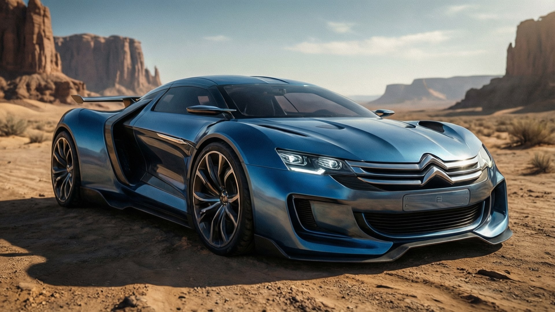 Survolt Desert Concept 壁紙 — 一輛時尚的藍色雪鐵龍概念車，配備鷗翼車門，停在沙質沙漠地形上，背景有紅色岩層。