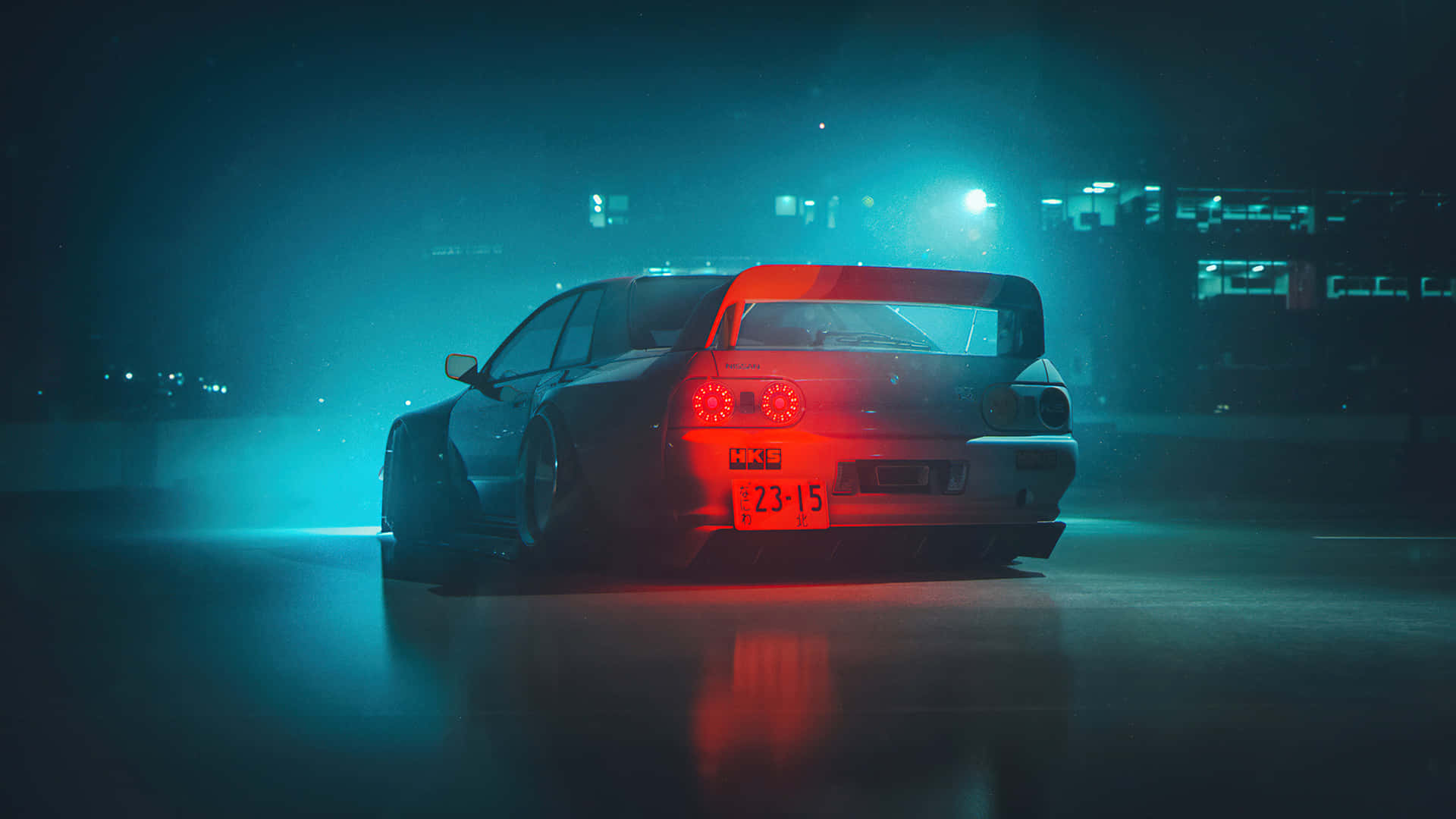  壁紙 — 一輛時尚的甩尾車，帶有發光的紅色尾燈，在夜晚濕漉漉的城市街道上劃破充滿霓虹的雨水。
